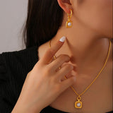 Hammer Finish Inlay Pearl Necklace Earrings Set