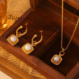 Hammer Finish Inlay Pearl Necklace Earrings Set