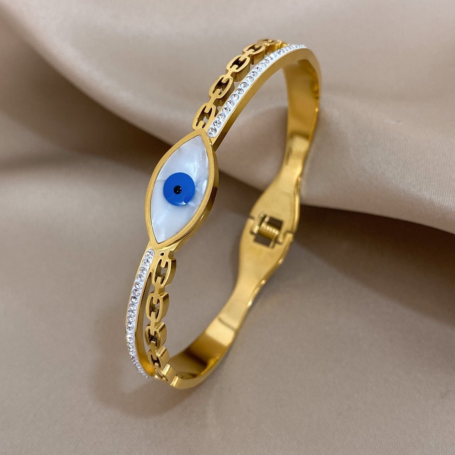 White Shell Evil Eye Bangle Bracelet