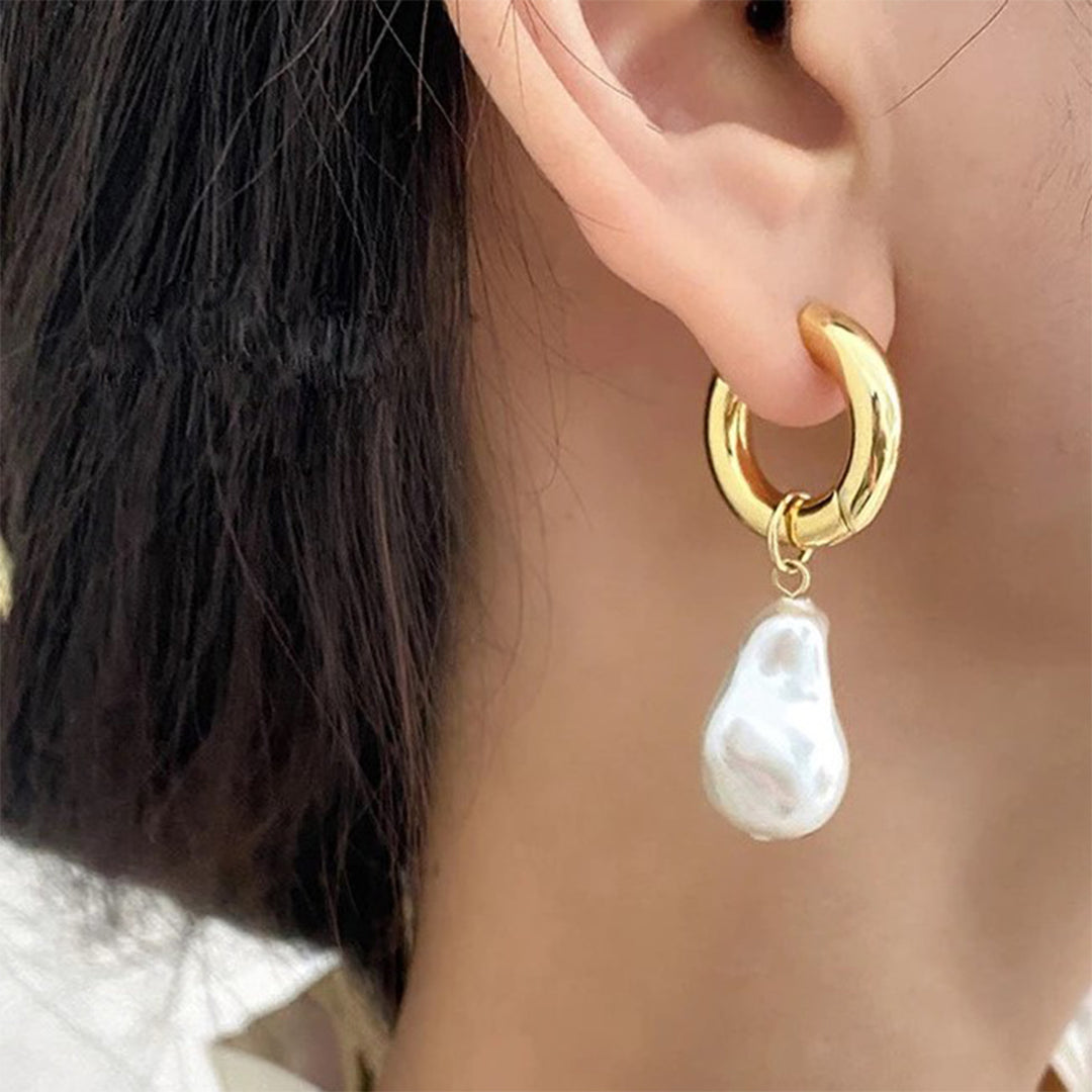 Pearl Drop 18k Gold Plated Hoop Earrings