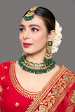 Green Gold Tone Kundan Enameled Necklace And Earrings With Maang Tikka