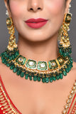 Green Gold Tone Kundan Enameled Necklace And Earrings With Maang Tikka