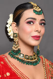 Green Gold Tone Kundan Enameled Necklace And Earrings With Maang Tikka