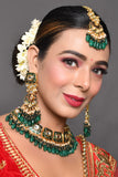 Green Gold Tone Kundan Enameled Necklace And Earrings With Maang Tikka