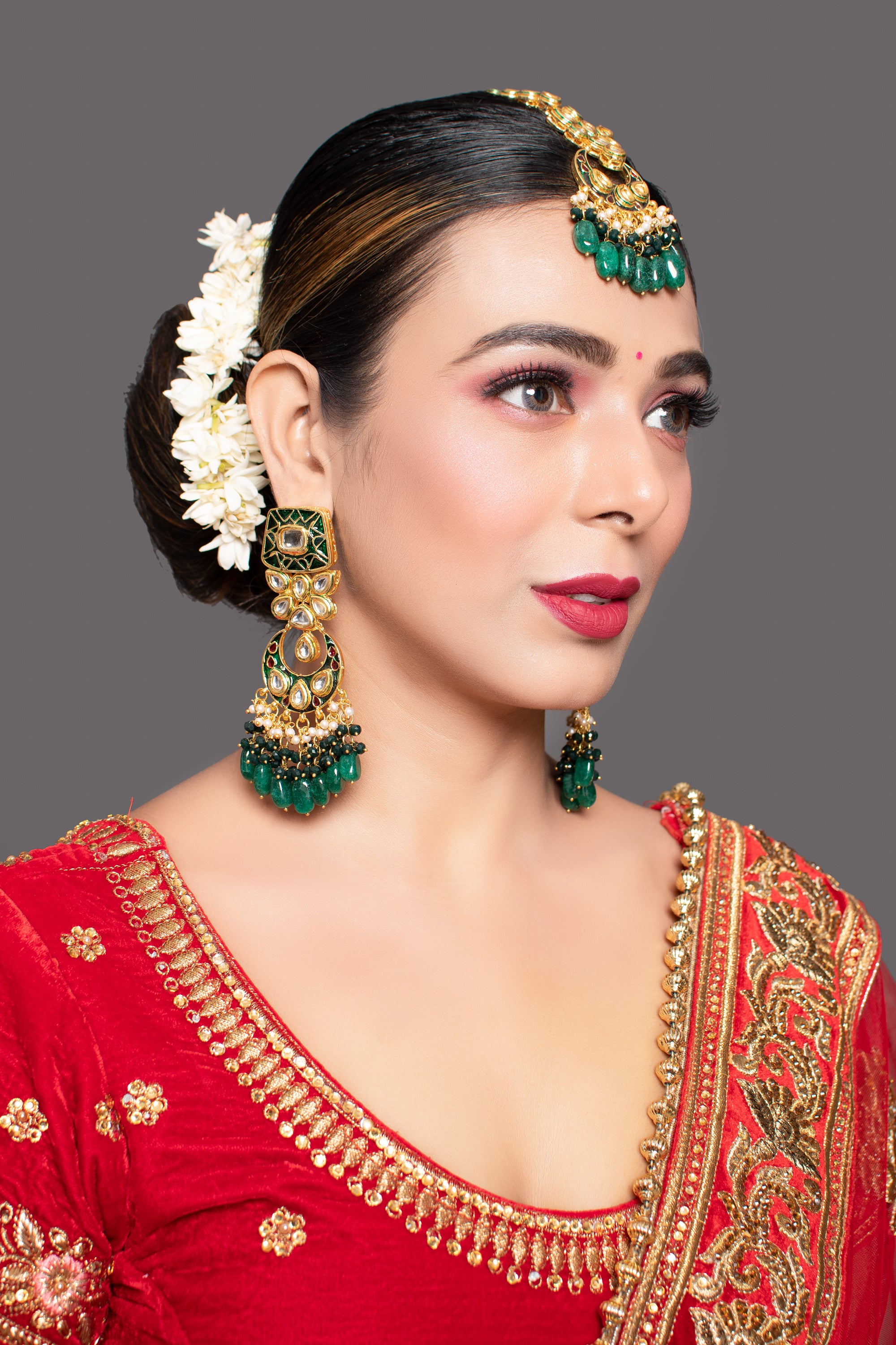 Handcrafted Kundan Emerald beaded earrings with Maang Tikka