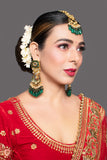Handcrafted Kundan Emerald beaded earrings with Maang Tikka