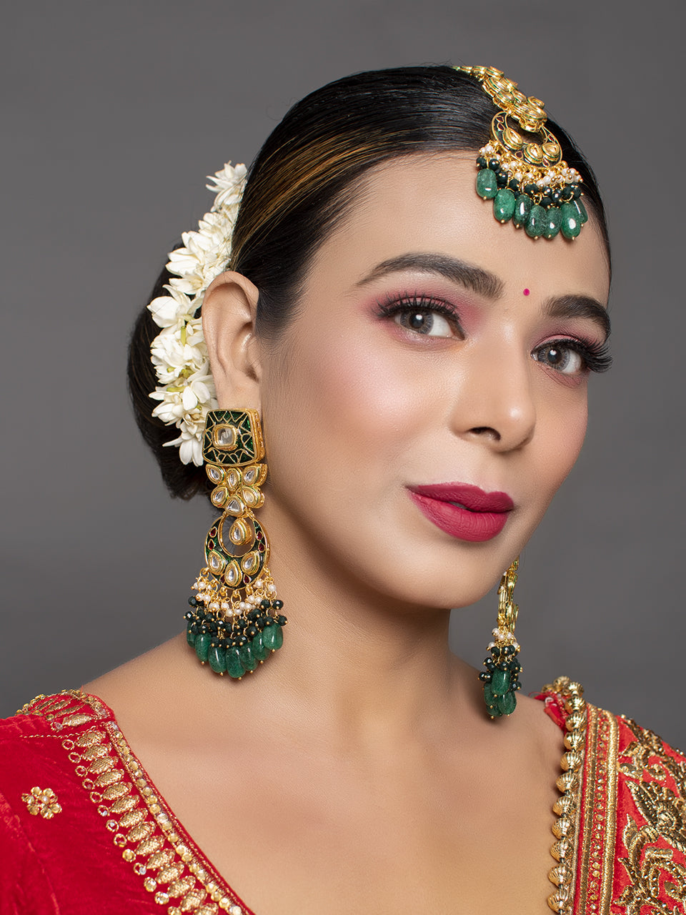 Handcrafted Kundan Emerald beaded earrings with Maang Tikka