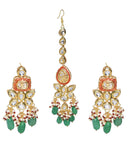 Red Gold toned Kundan earrings with Maang Tikka