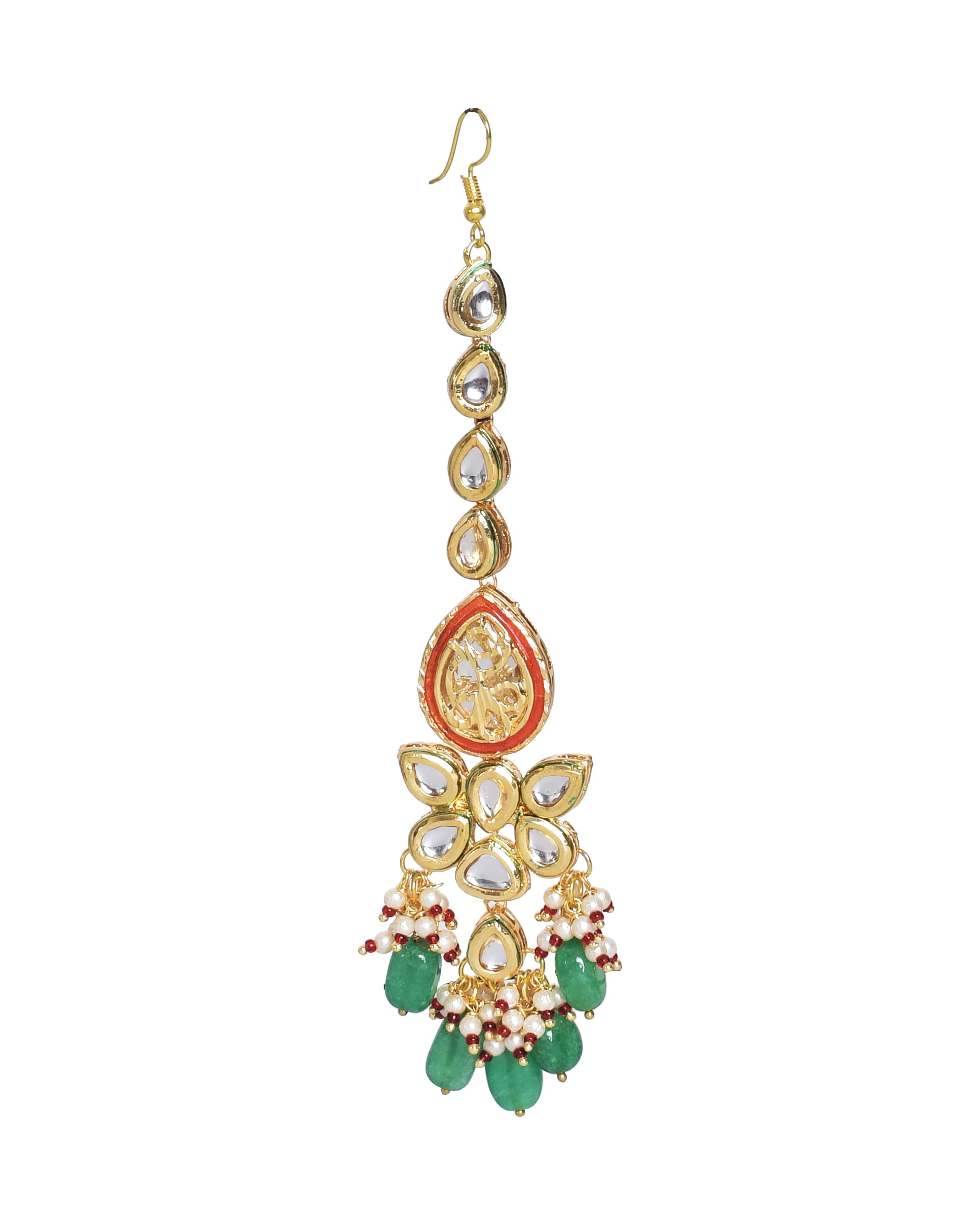 Red Gold toned Kundan earrings with Maang Tikka
