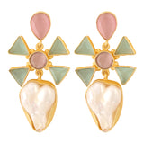 Pink Green Monalisa stone & baroque pearl earrings
