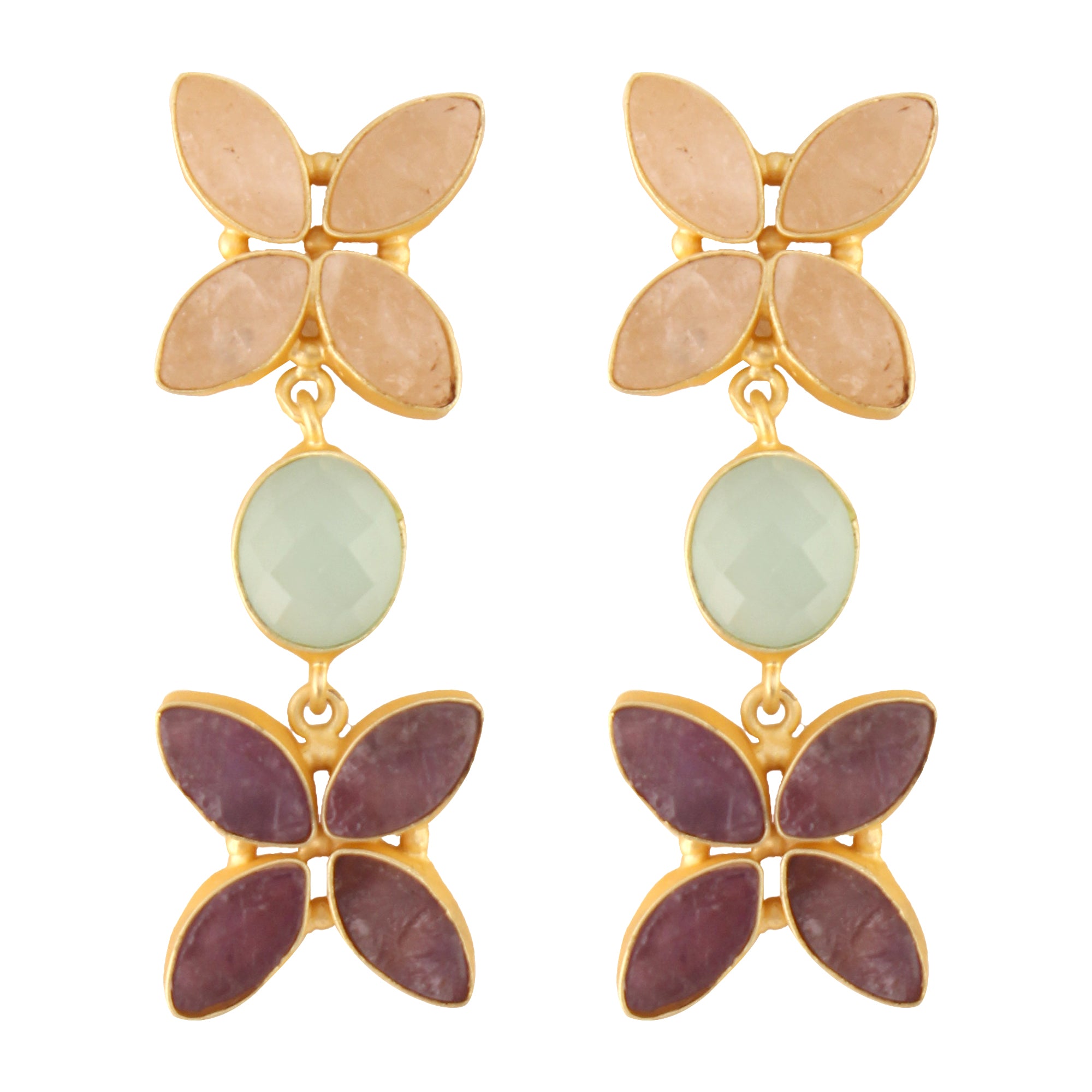 Semiprecious Rose quartz, Aqua Chalcedony & Amethyst Earrings