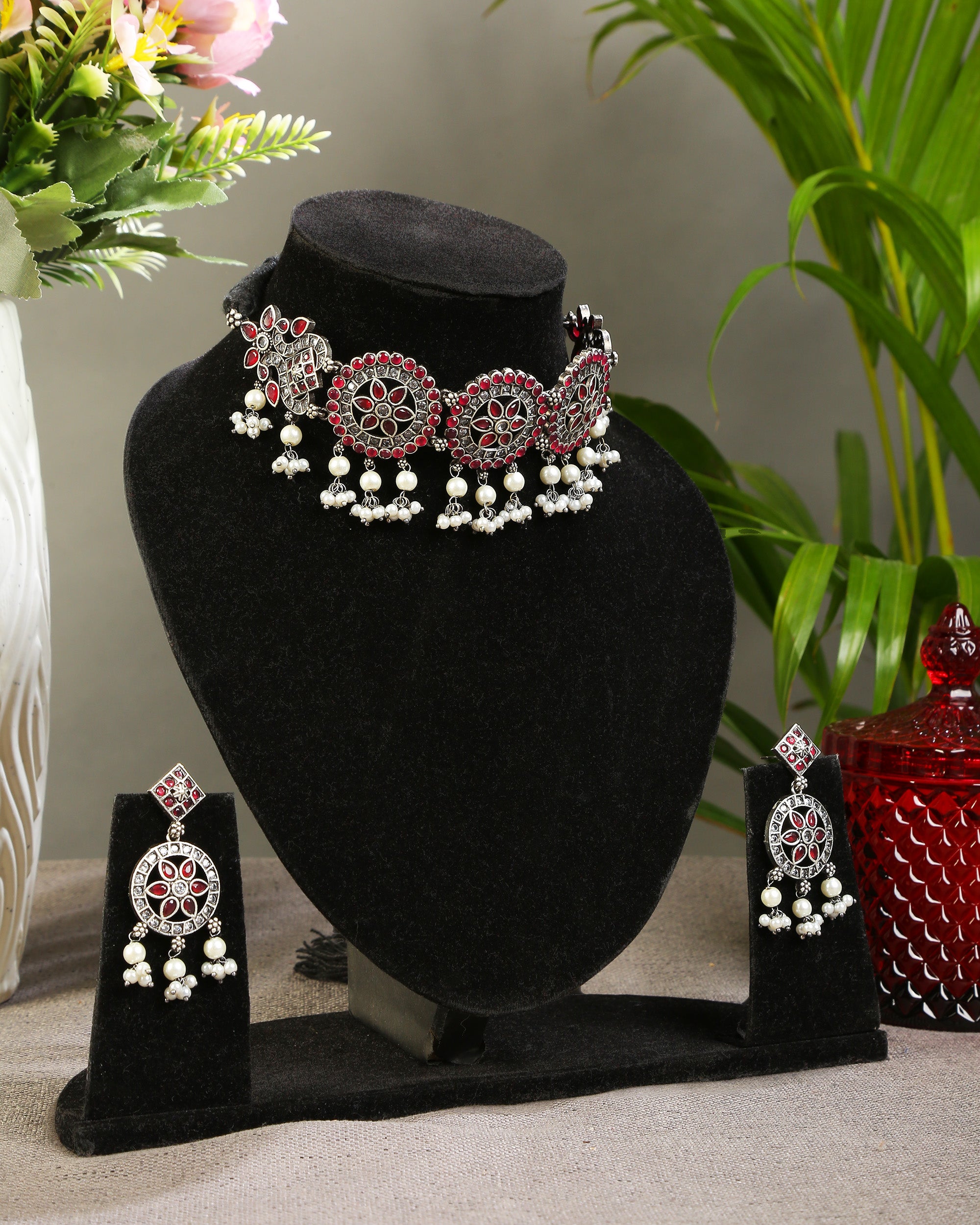 Ruby Studded German Silver Choker set