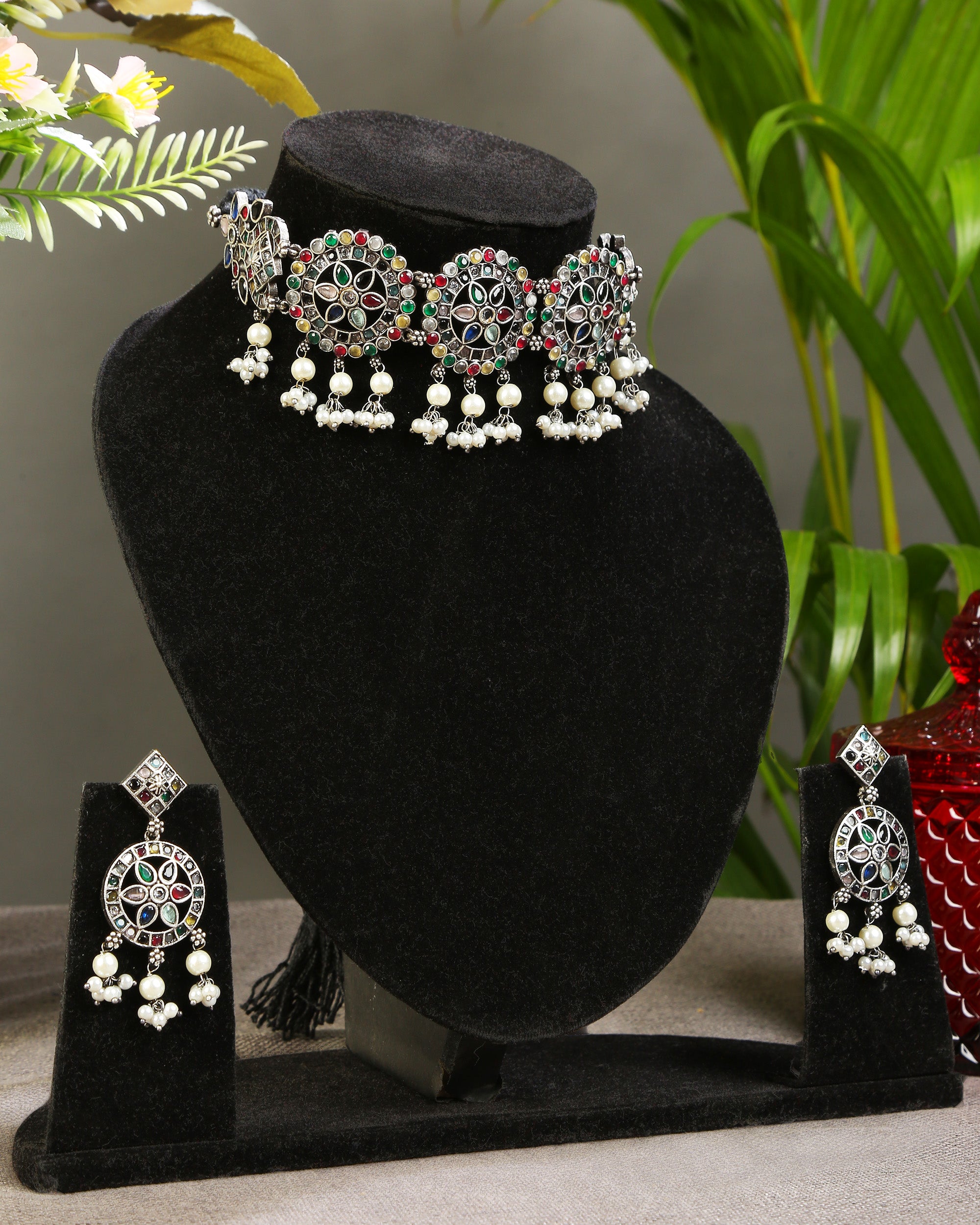 Multicolored German Silver choker set