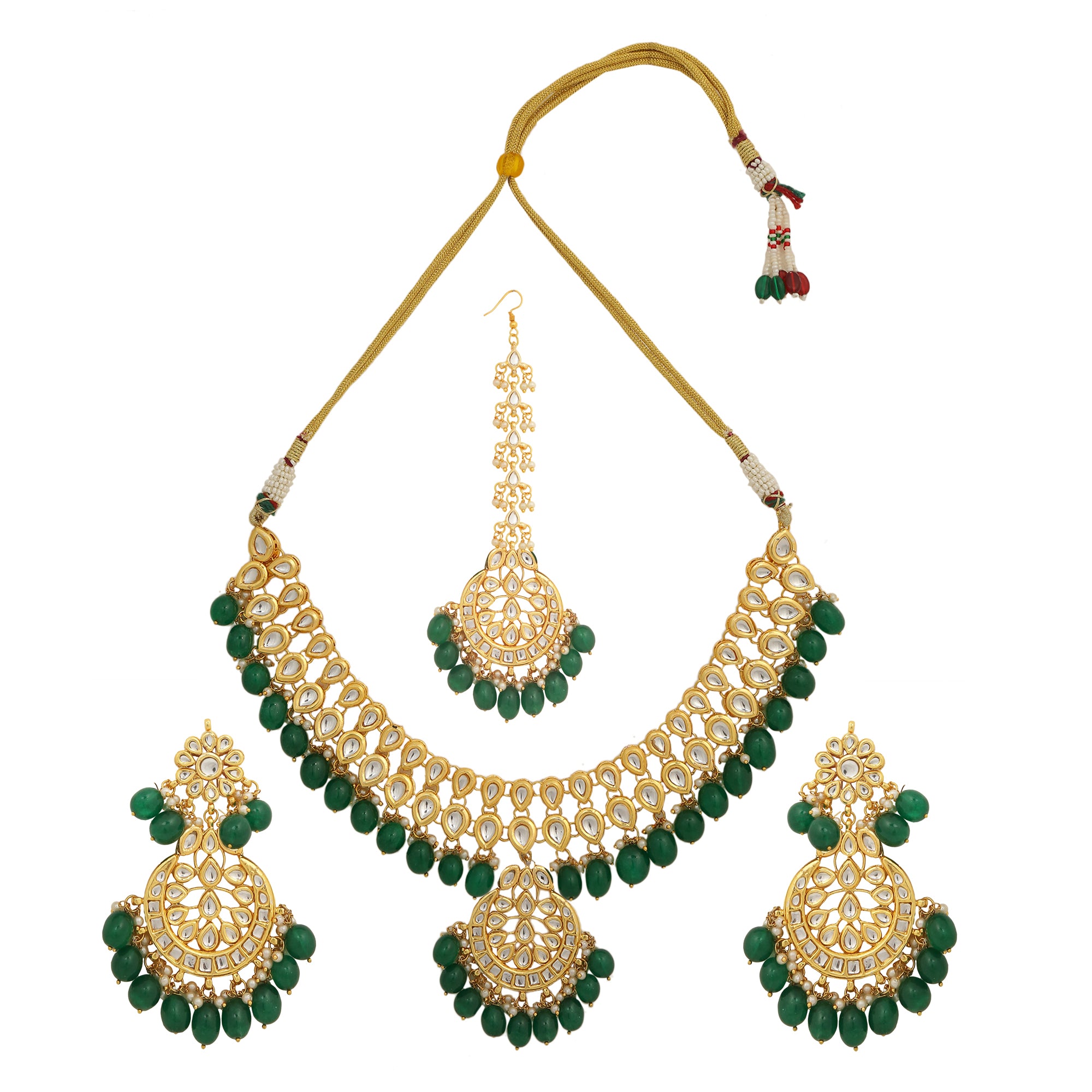 Emerald beaded Kundan Necklace with Earrings & Maang Tikka