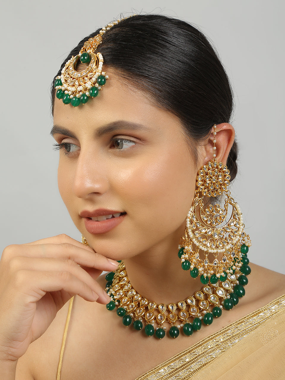 Kundan inspired emerald beaded necklace with earrings & Maang Tikka Set