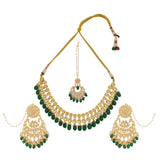 Kundan inspired emerald beaded necklace with earrings & Maang Tikka Set