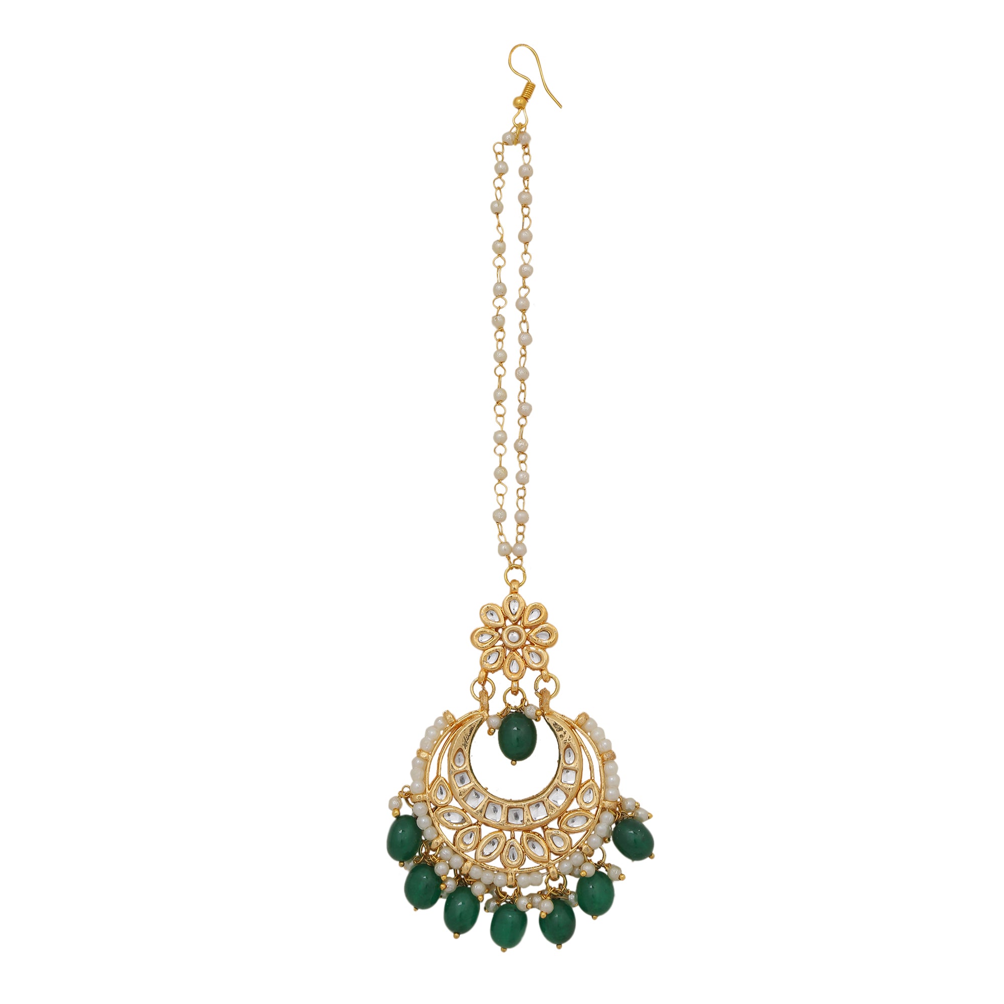 Kundan inspired emerald beaded necklace with earrings & Maang Tikka Set