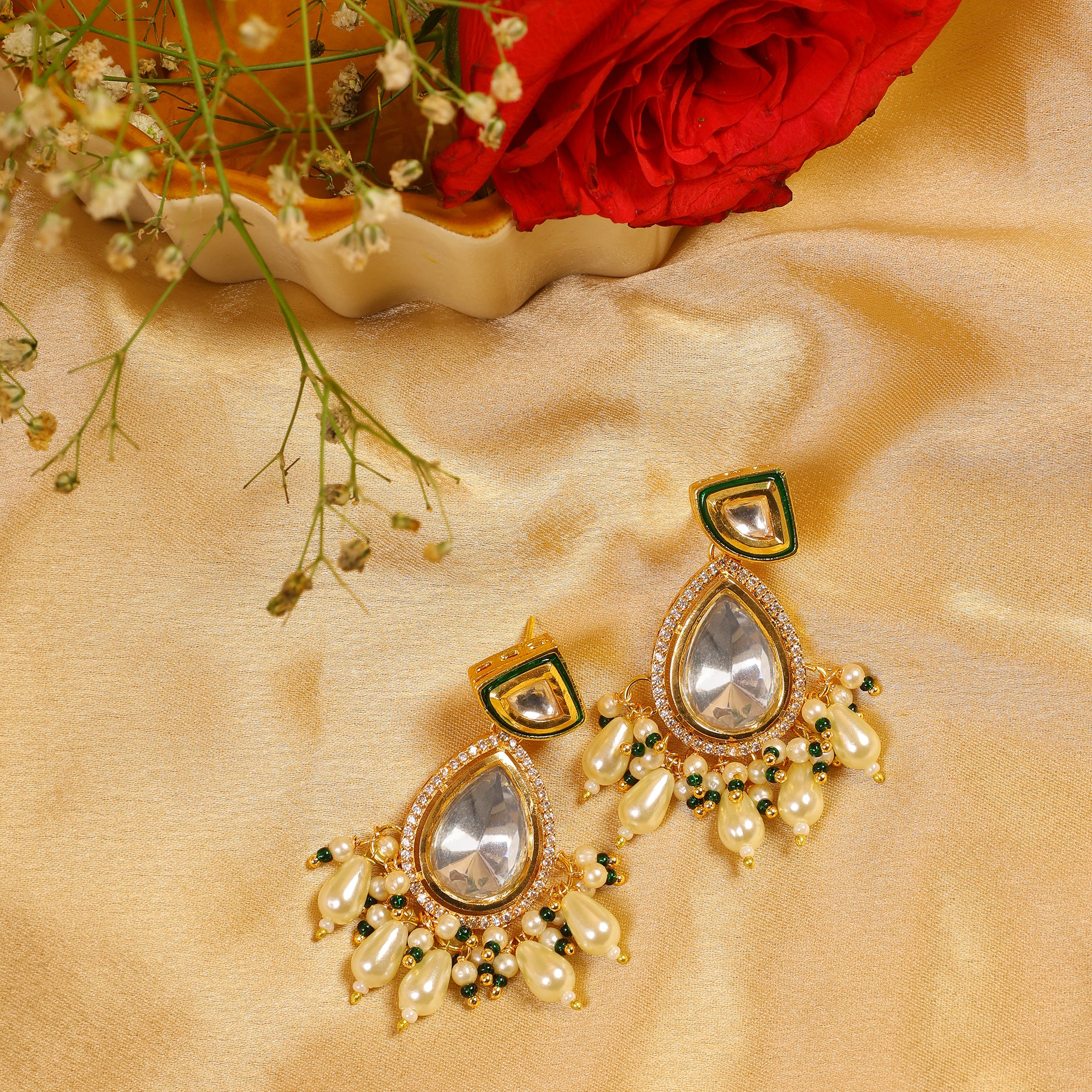 Kundan Polki Drop Earrings with pearls