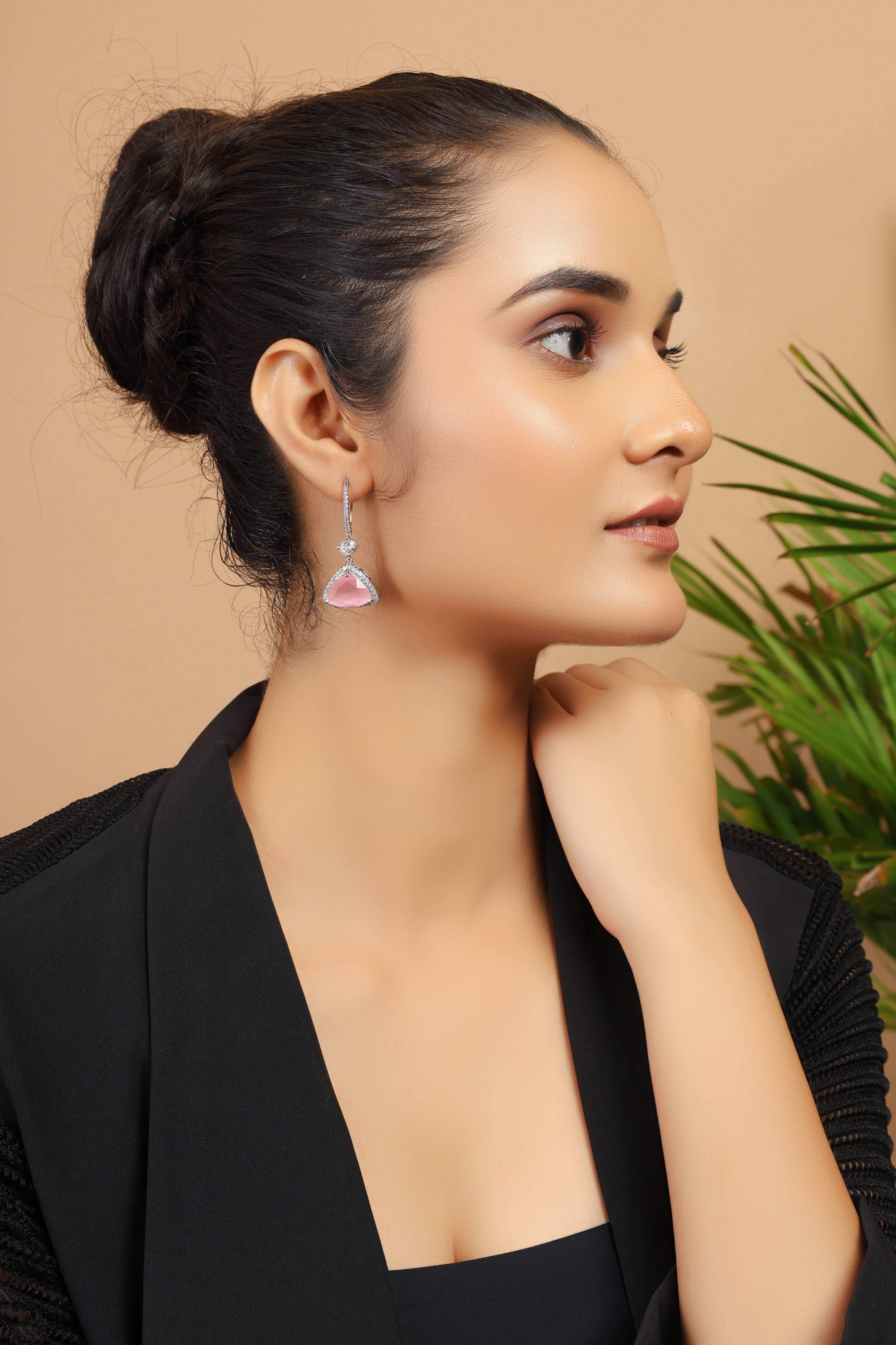 Pink Silver Plated American Diamond Drop Earrings