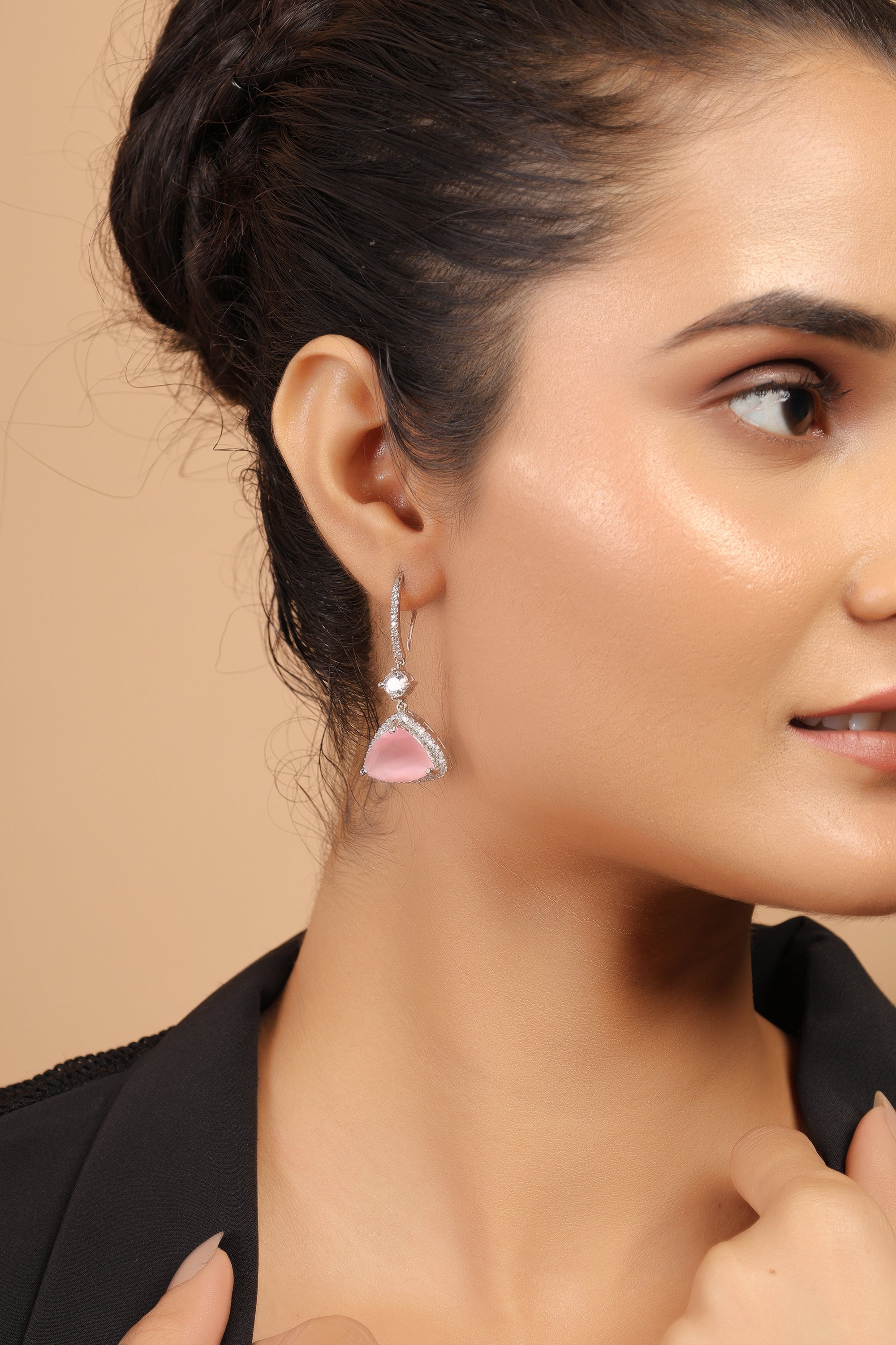 Pink Silver Plated American Diamond Drop Earrings