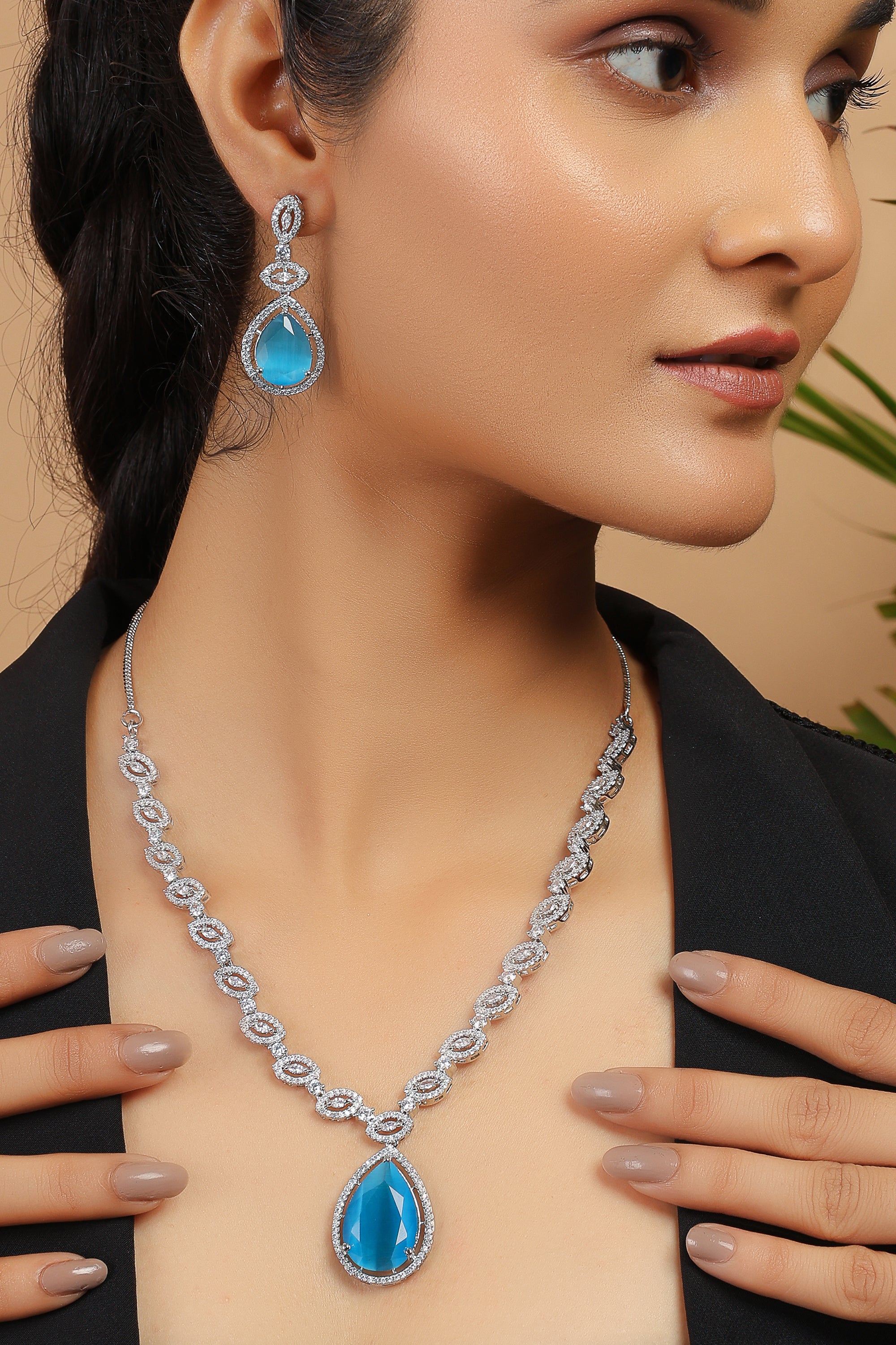 Handcrafted Blue Silver Plated American Diamond Necklace Set