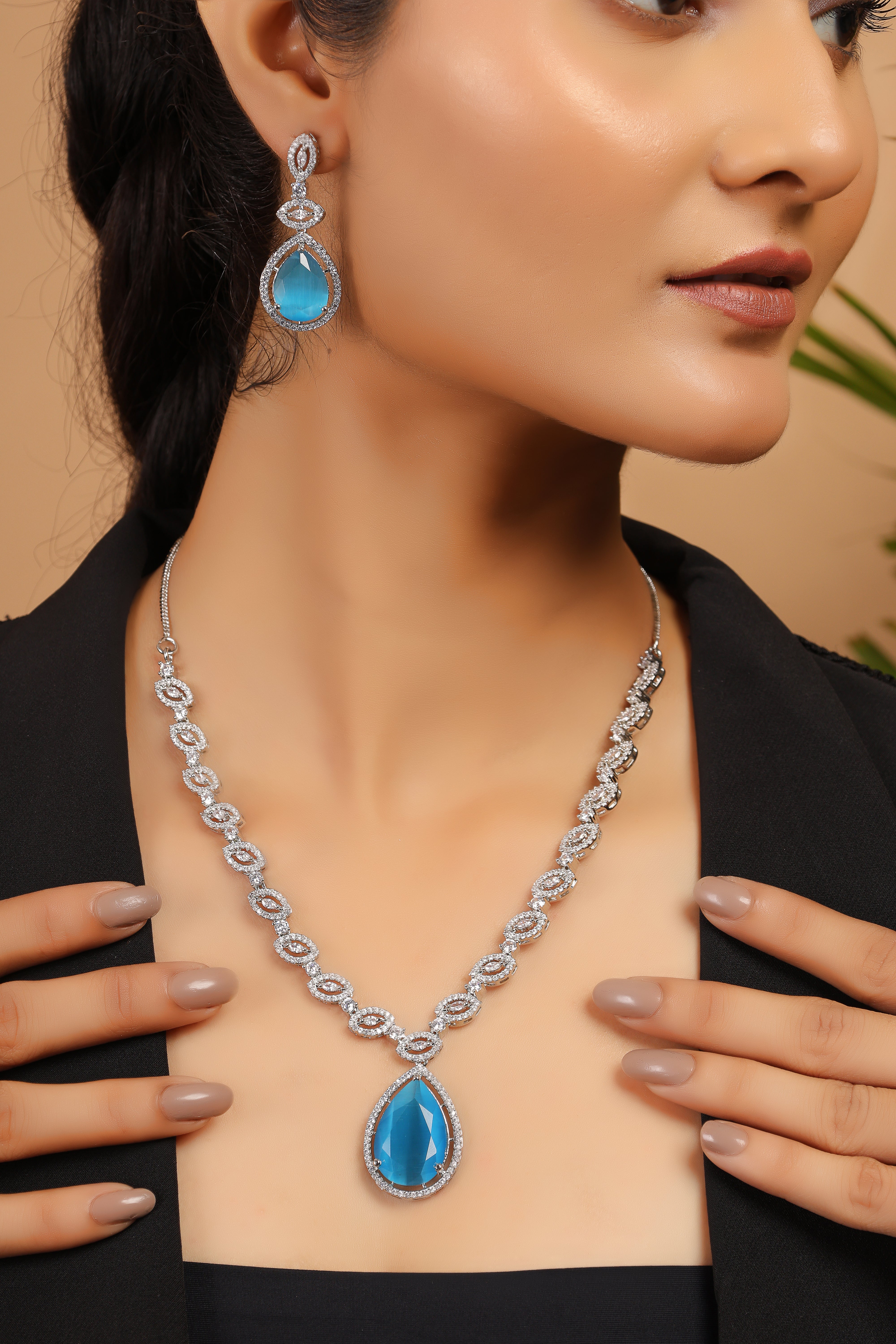 Handcrafted Blue Silver Plated American Diamond Necklace Set