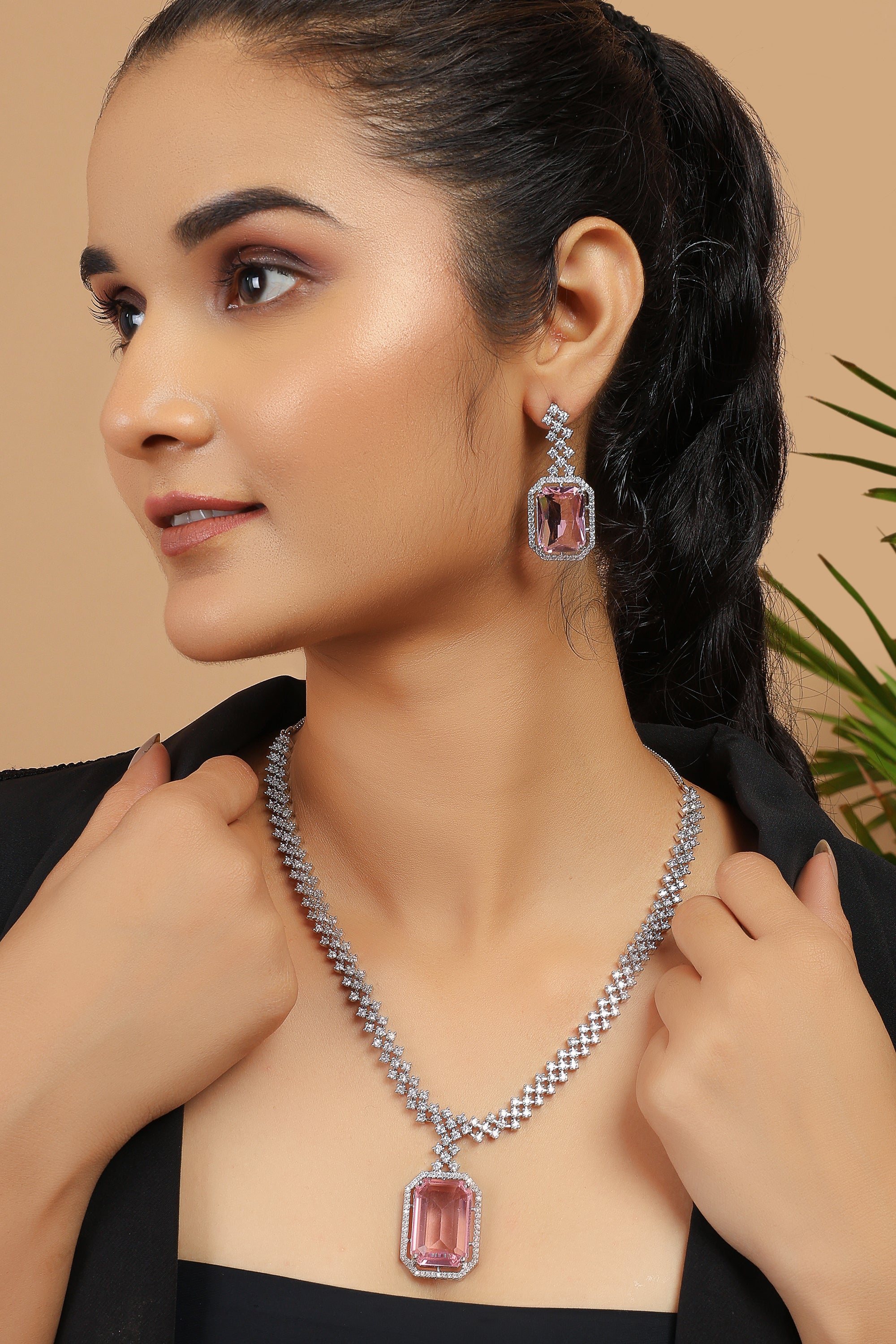 Silver Plated Pink Crystal Zirconia Studded Statement Necklace Set