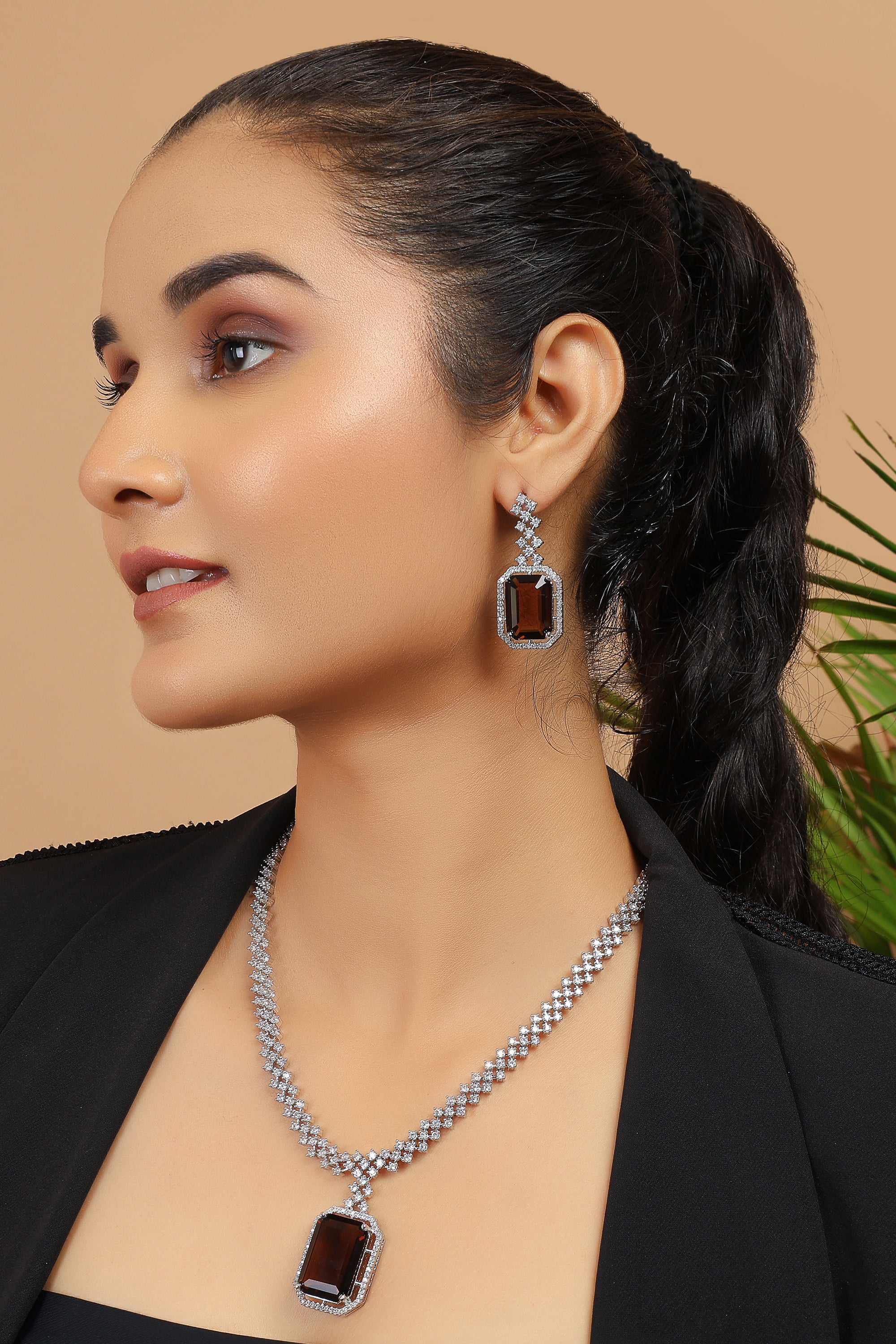 Silver Plated Crystal Zirconia Studded Statement Necklace Set