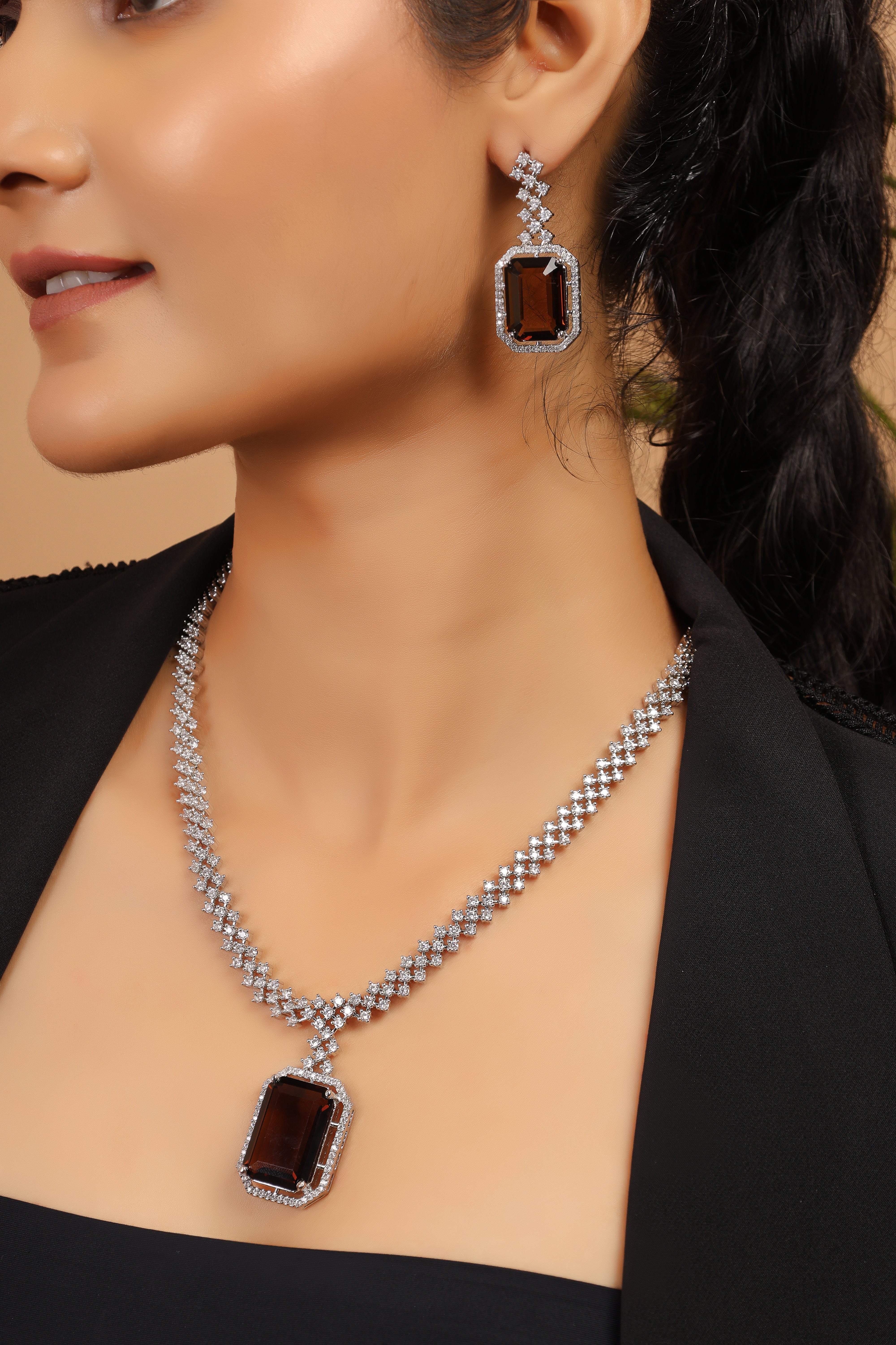 Silver Plated Crystal Zirconia Studded Statement Necklace Set