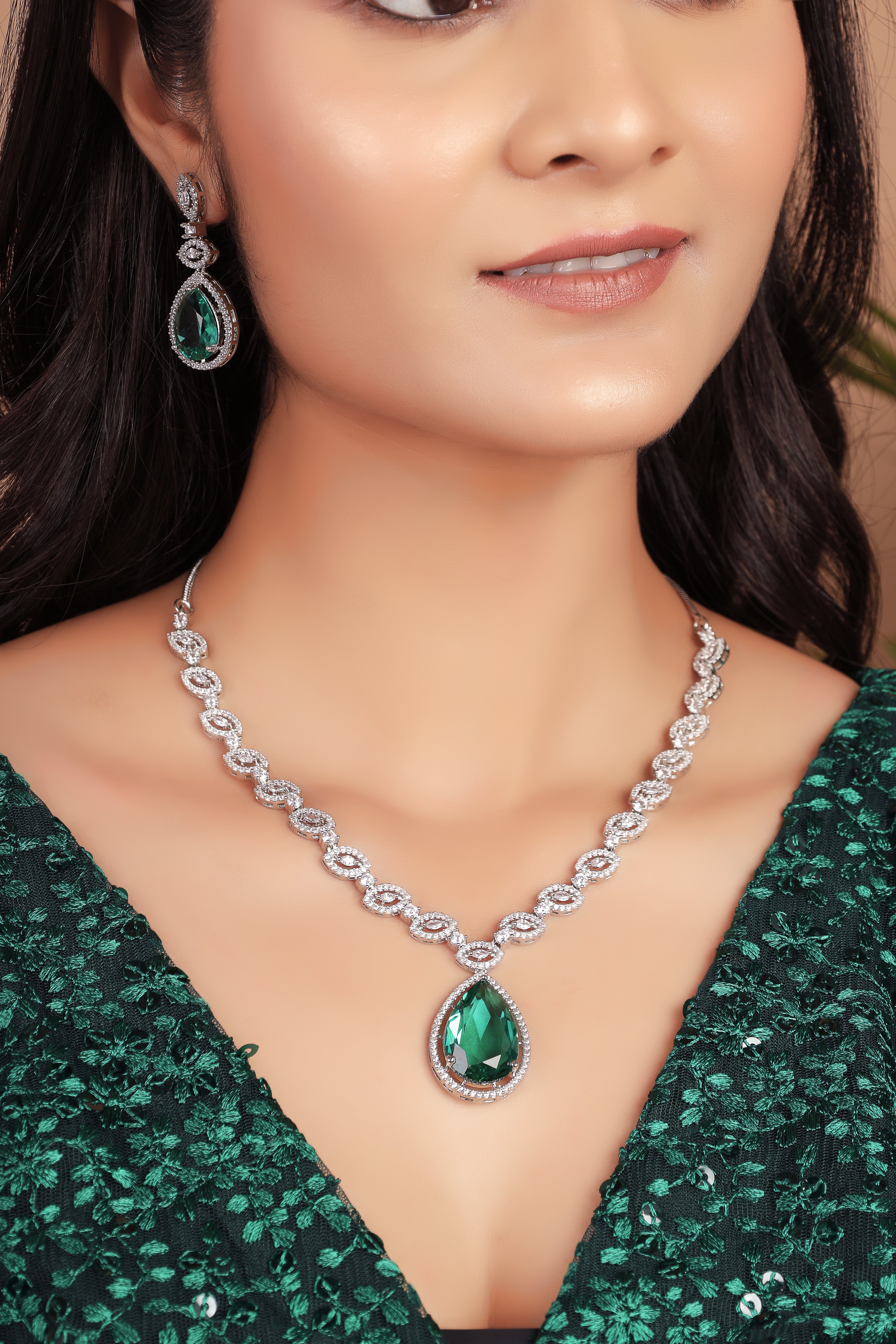 Emerald Silver Plated American Diamond Necklace Set