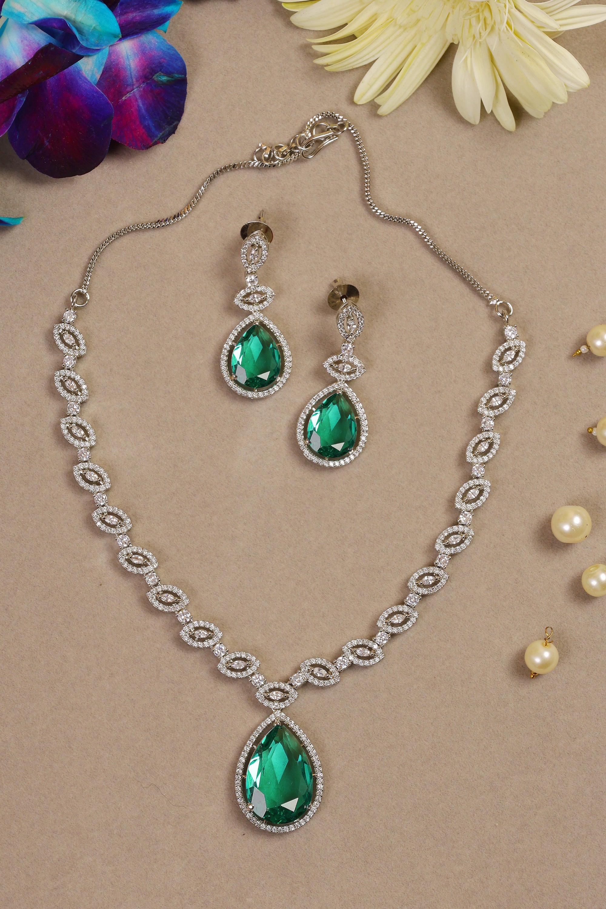 Emerald Silver Plated American Diamond Necklace Set