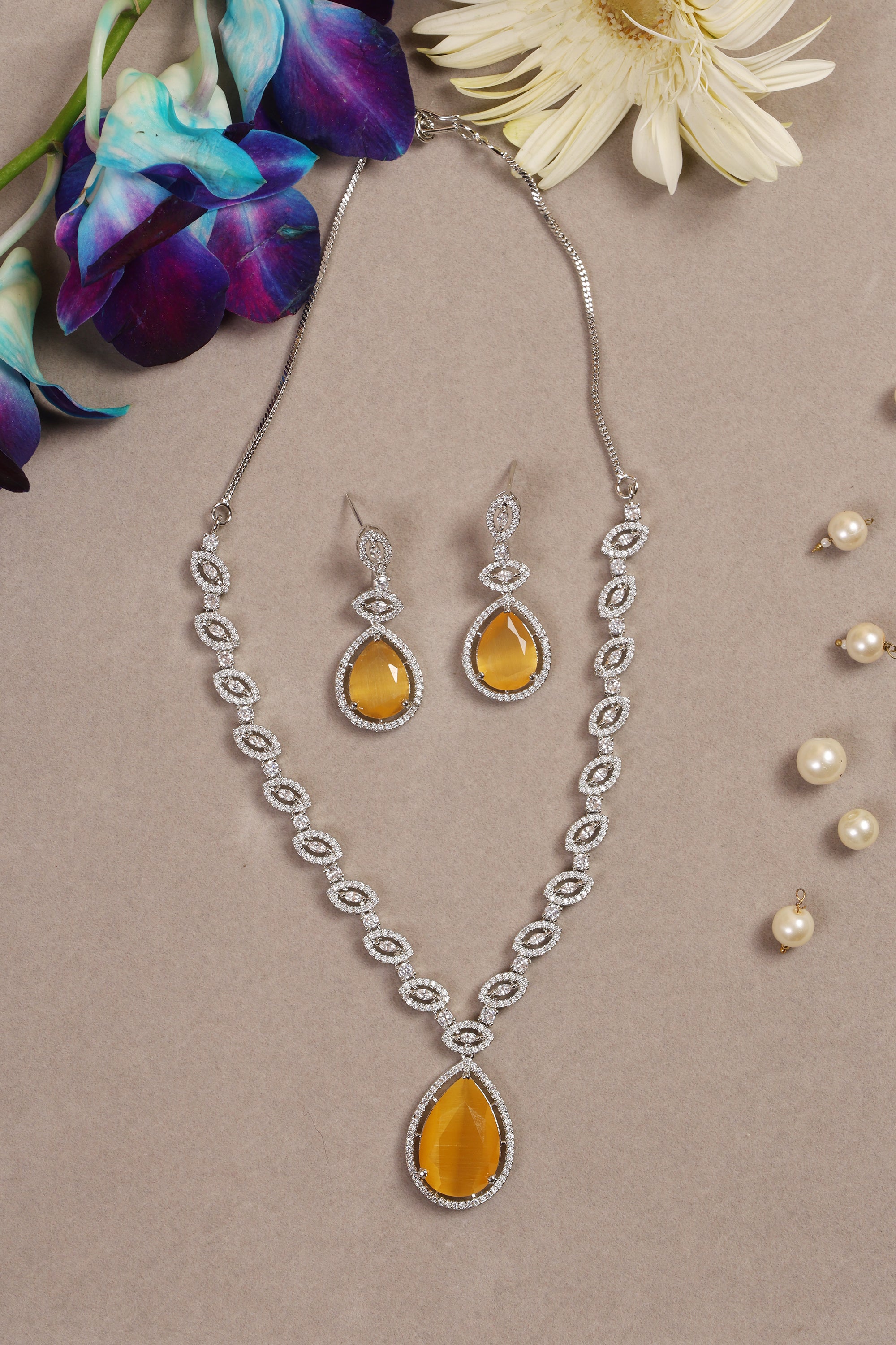 Yellow Silver Plated American Diamond Necklace Set