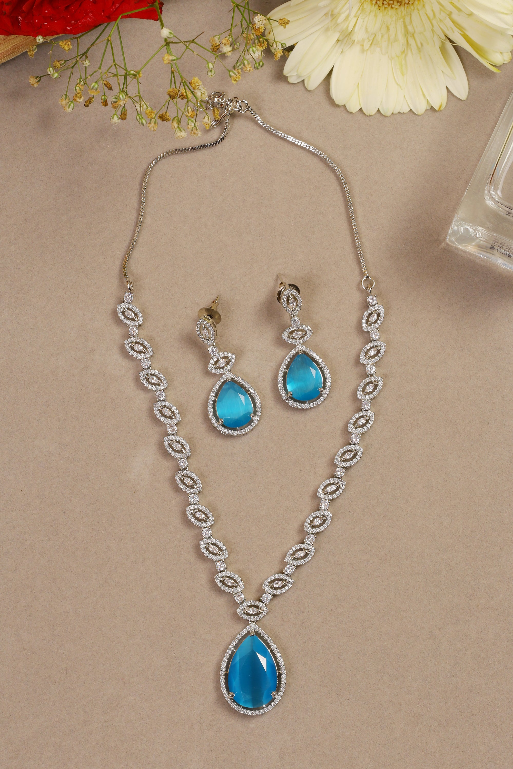 Handcrafted Blue Silver Plated American Diamond Necklace Set