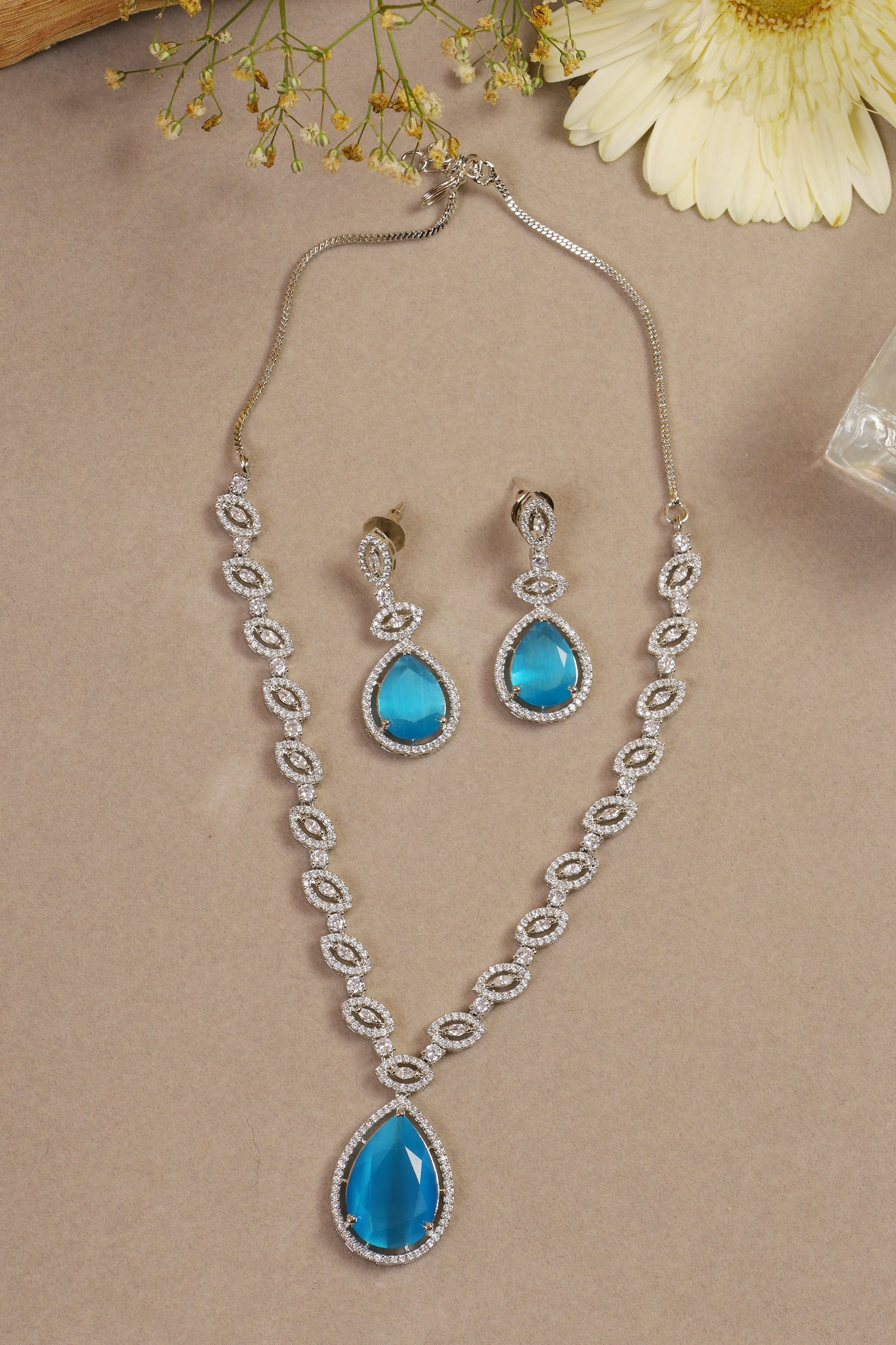 Handcrafted Blue Silver Plated American Diamond Necklace Set