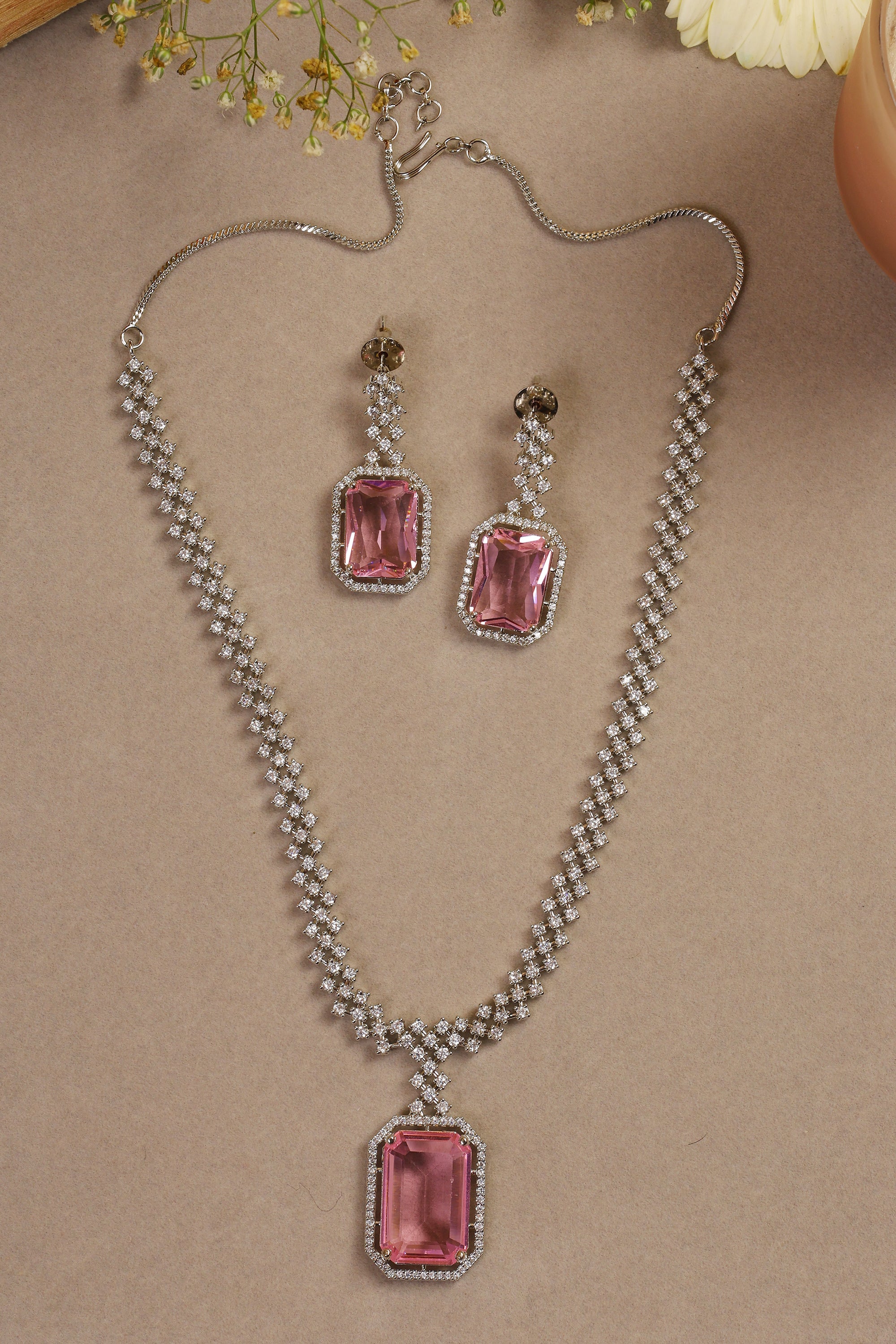 Silver Plated Pink Crystal Zirconia Studded Statement Necklace Set