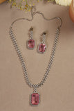 Silver Plated Pink Crystal Zirconia Studded Statement Necklace Set