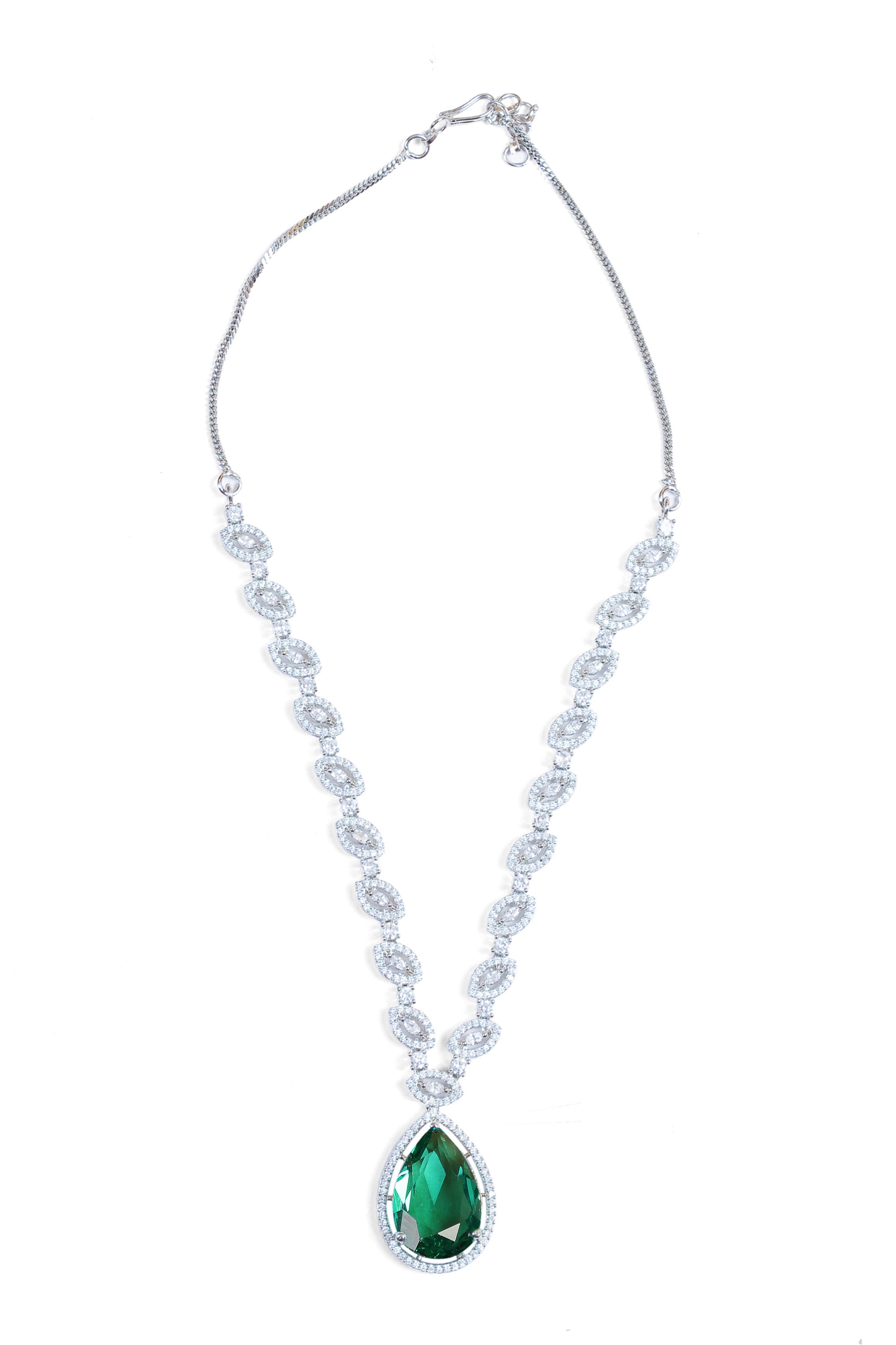 Emerald Silver Plated American Diamond Necklace Set