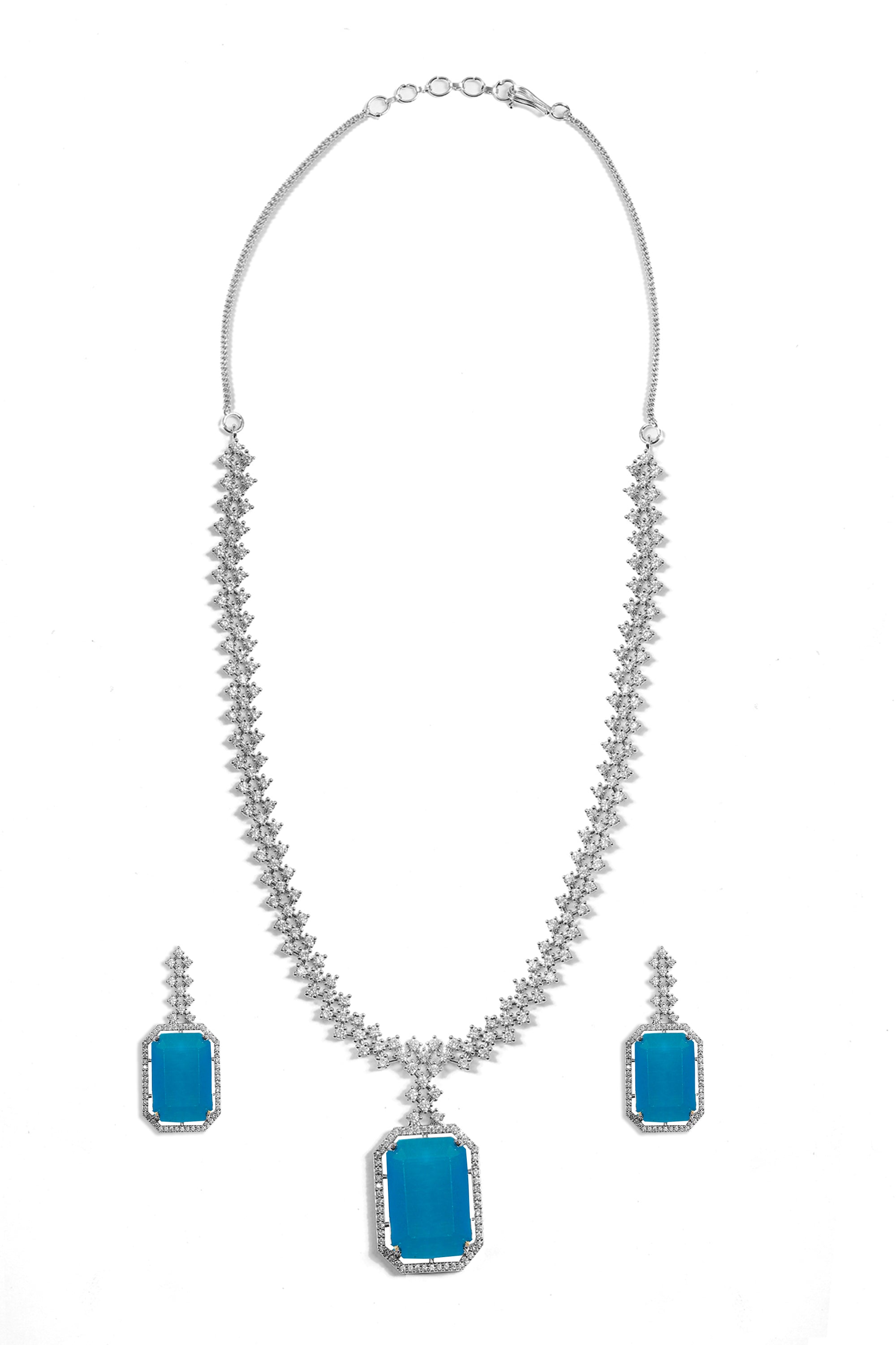 Blue Silver Plated American Diamond Necklace Set