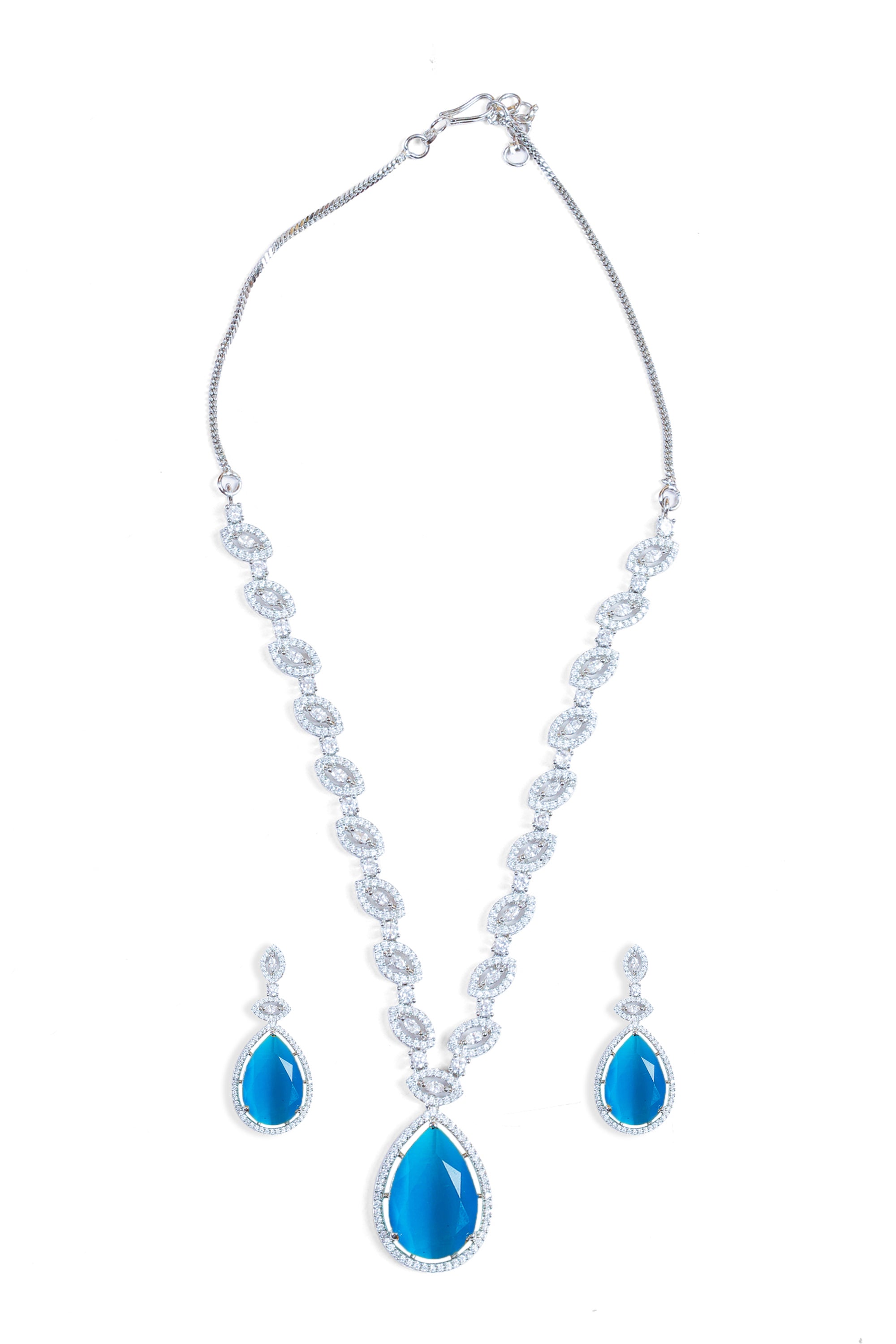 Handcrafted Blue Silver Plated American Diamond Necklace Set