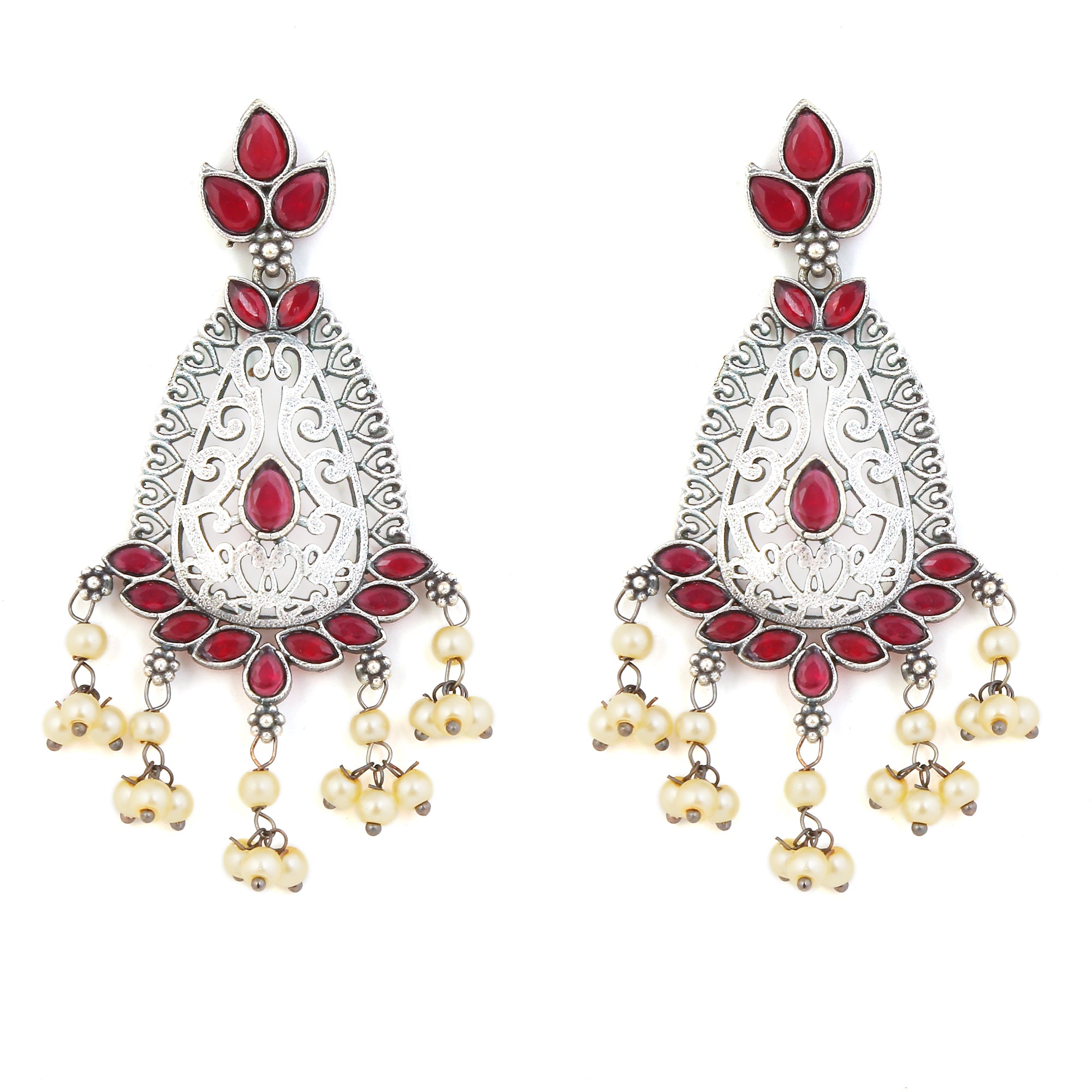 Ruby Studded German Silver Drop Earrings