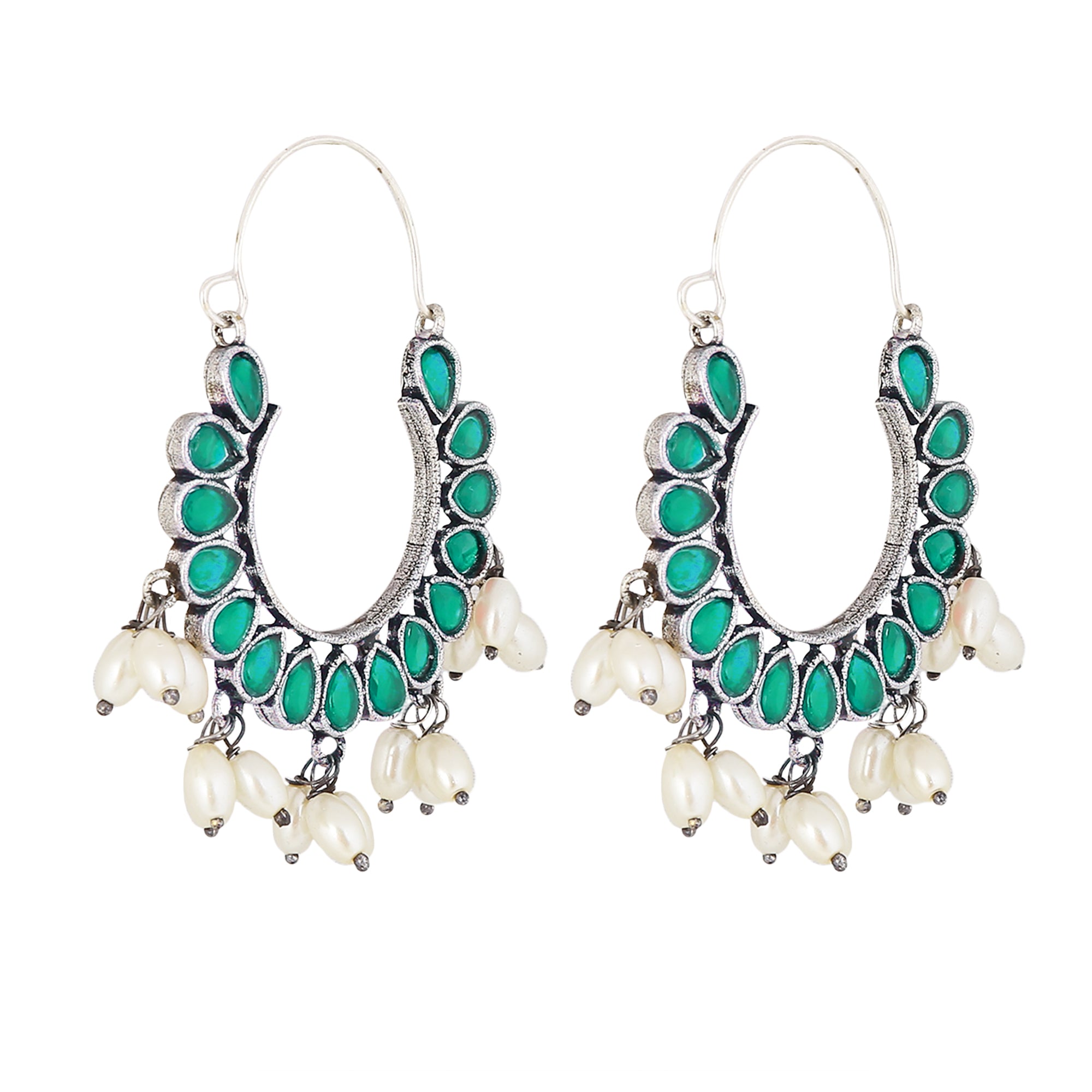 Green stone German Silver Hoop Earrings