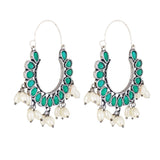 Green stone German Silver Hoop Earrings