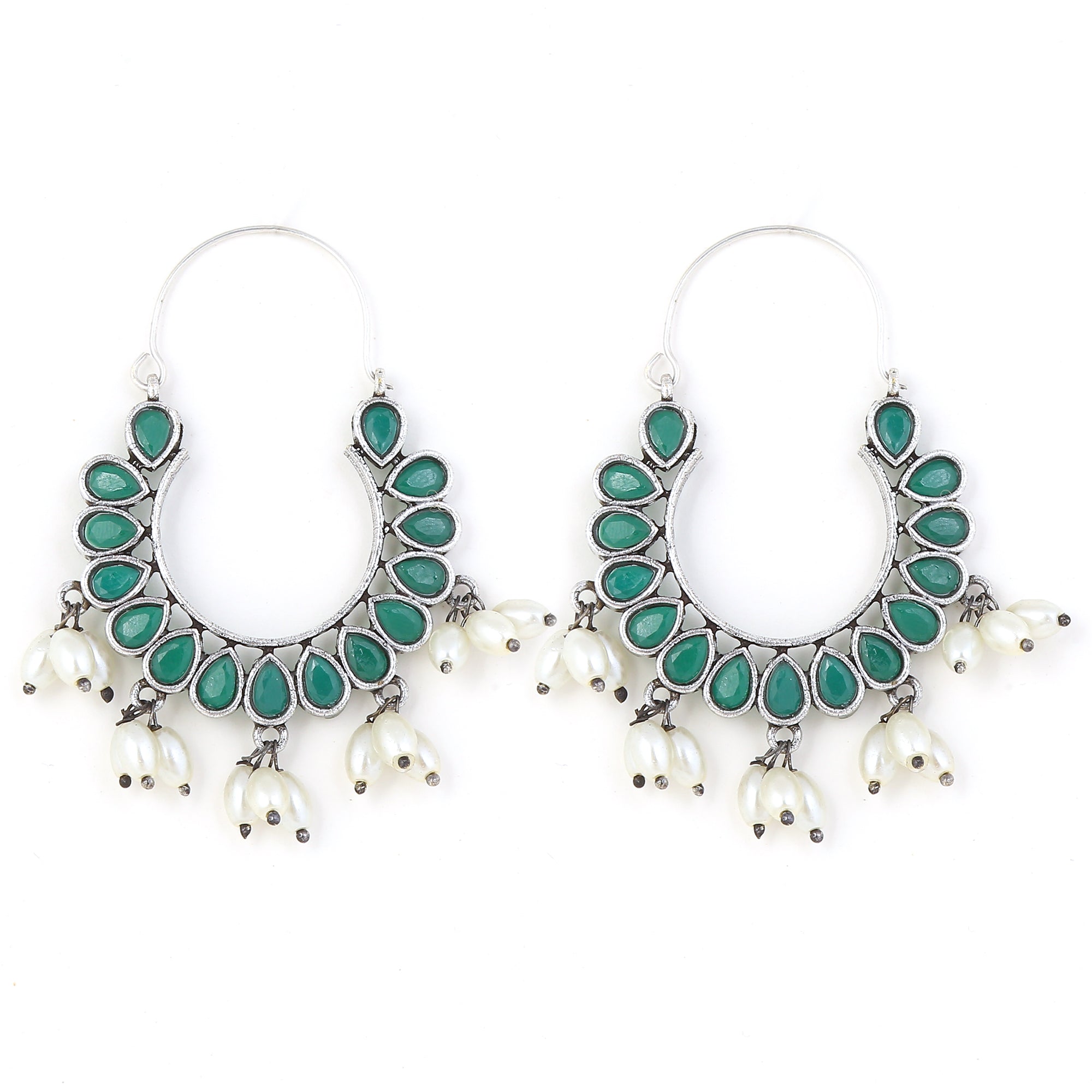 Green stone German Silver Hoop Earrings