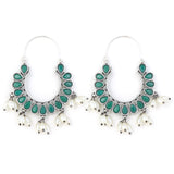 Green stone German Silver Hoop Earrings