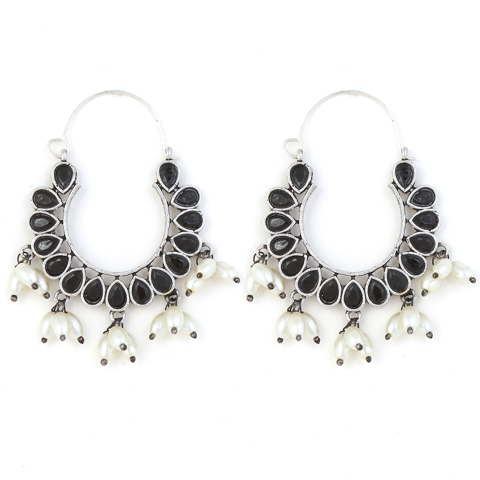 Black stone studded Oxidized Hoop Earrings