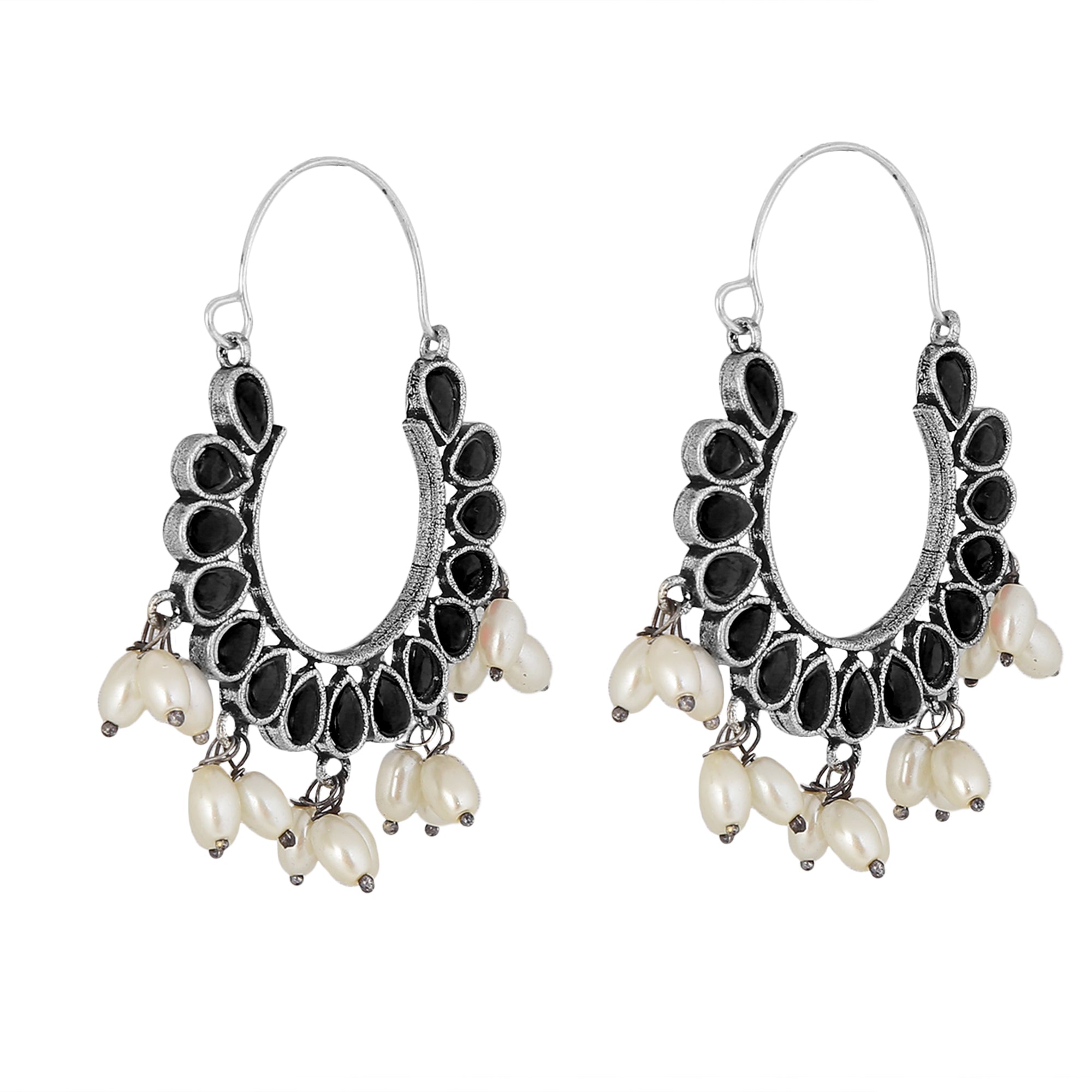 Black stone studded Oxidized Hoop Earrings