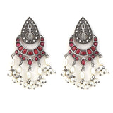 Handcrafted German Silver Ruby Studded & Pearl Beaded Drop  Earrings