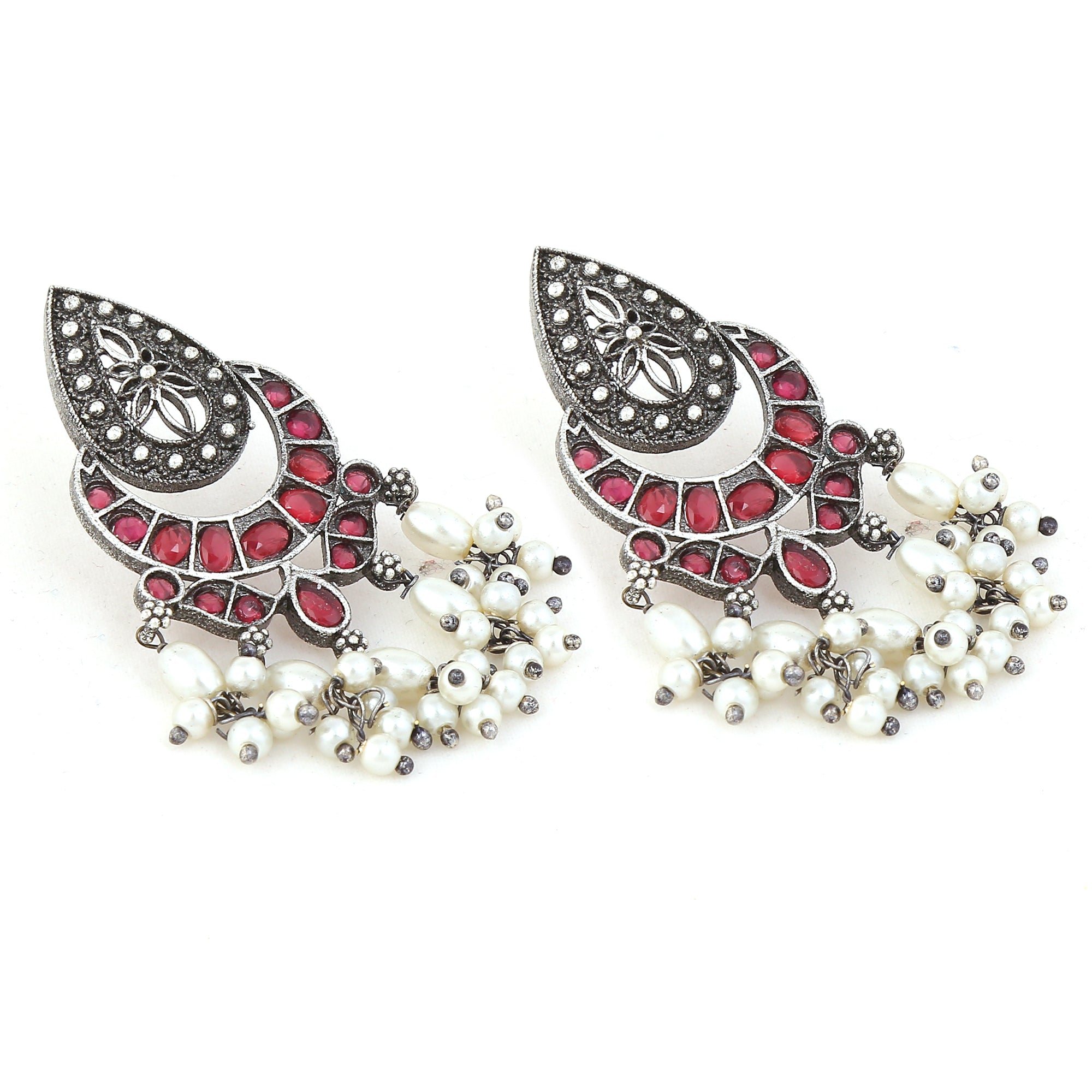 Handcrafted German Silver Ruby Studded & Pearl Beaded Drop  Earrings