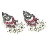 Handcrafted German Silver Ruby Studded & Pearl Beaded Drop  Earrings