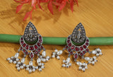 Handcrafted German Silver Ruby Studded & Pearl Beaded Drop  Earrings